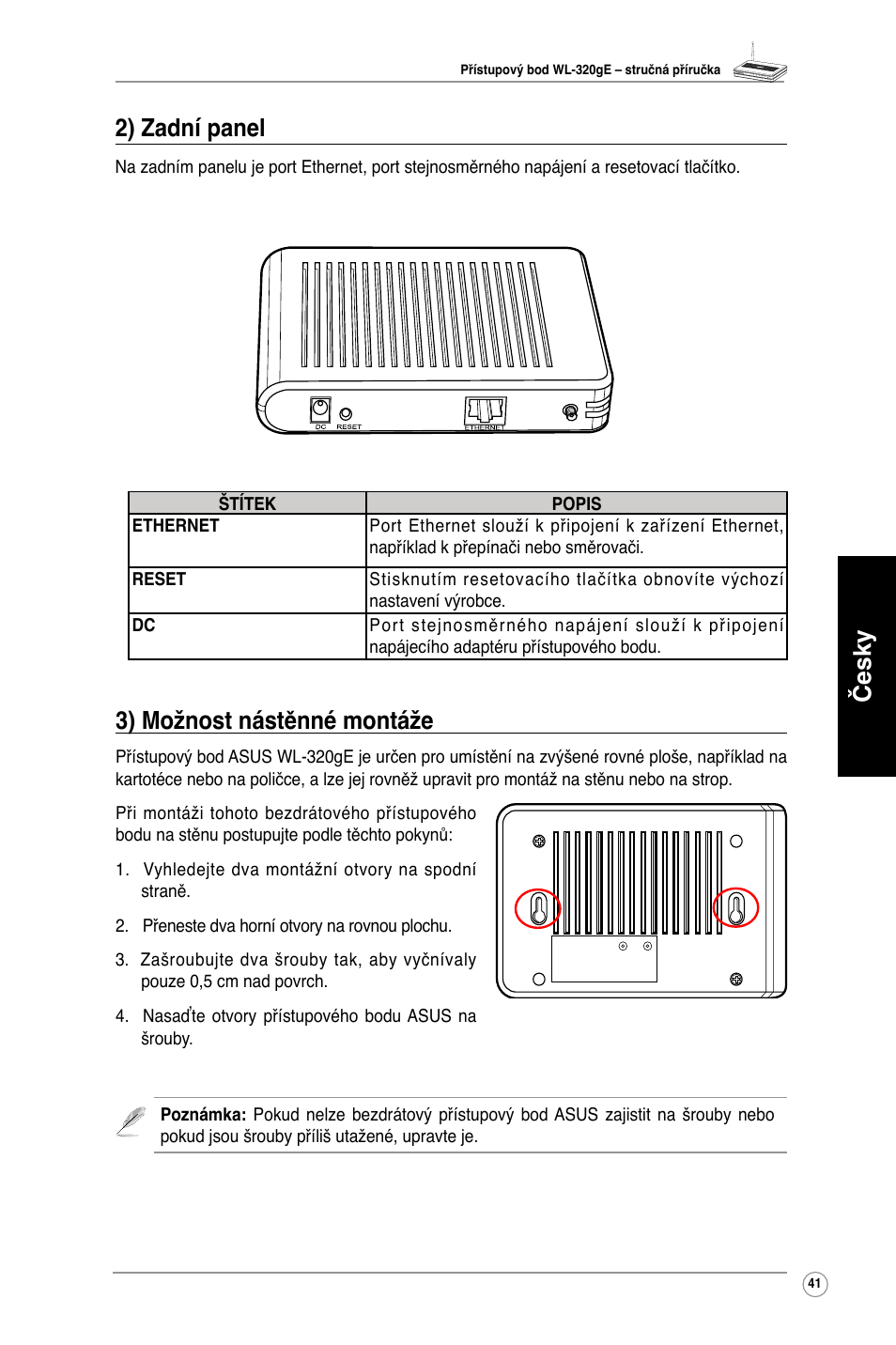 Česky 3) možnost nástěnné montáže, 2) zadní panel | Asus WL-320gE User Manual | Page 42 / 361