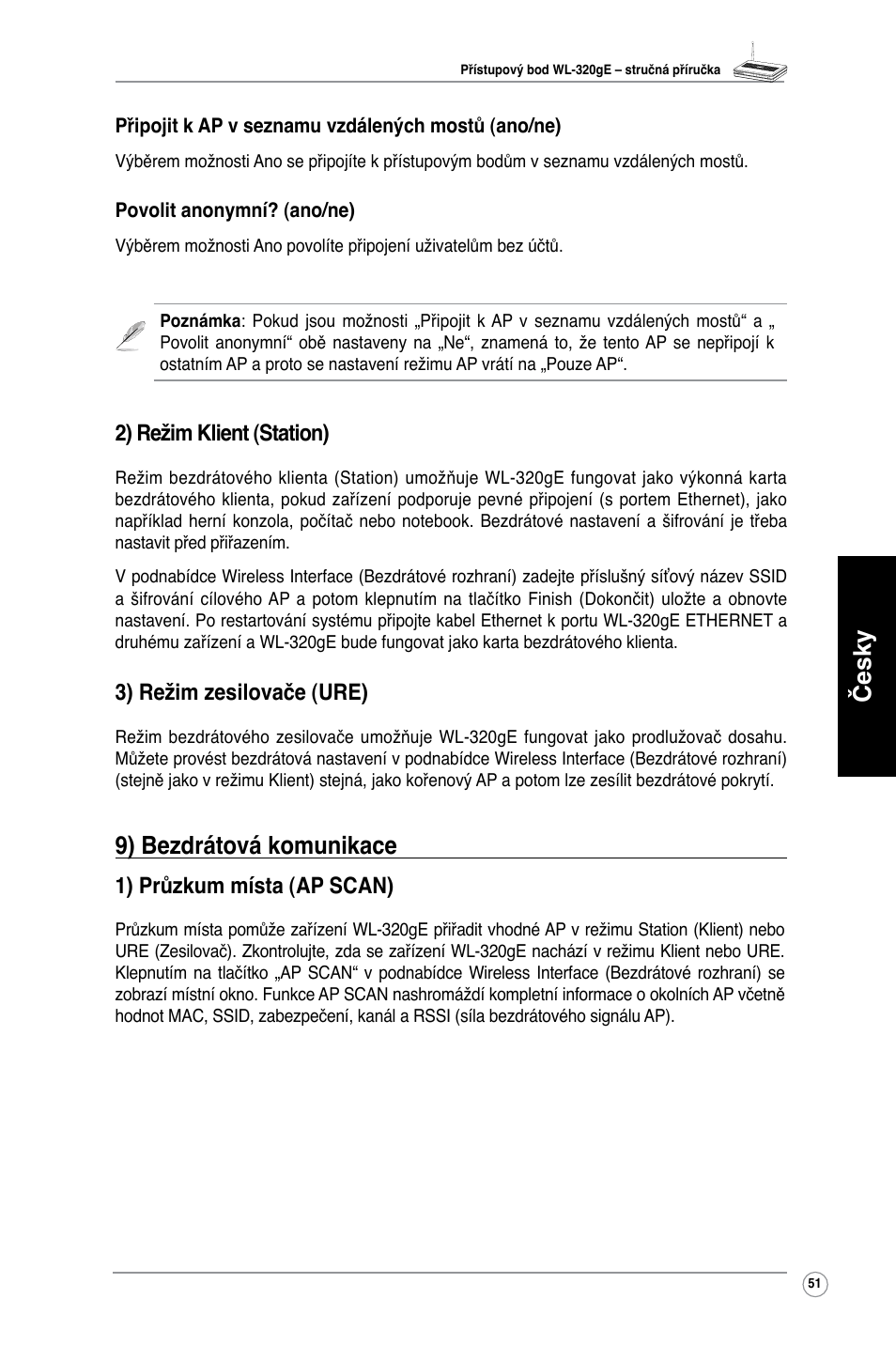 Česky, 9) bezdrátová komunikace, 2) režim klient (station) | 3) režim zesilovače (ure), 1) průzkum místa (ap scan) | Asus WL-320gE User Manual | Page 52 / 361