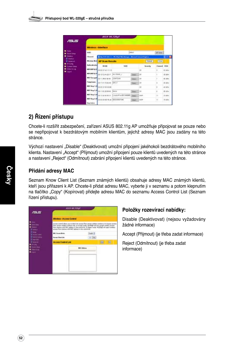 Česky, 2) řízení přístupu | Asus WL-320gE User Manual | Page 53 / 361