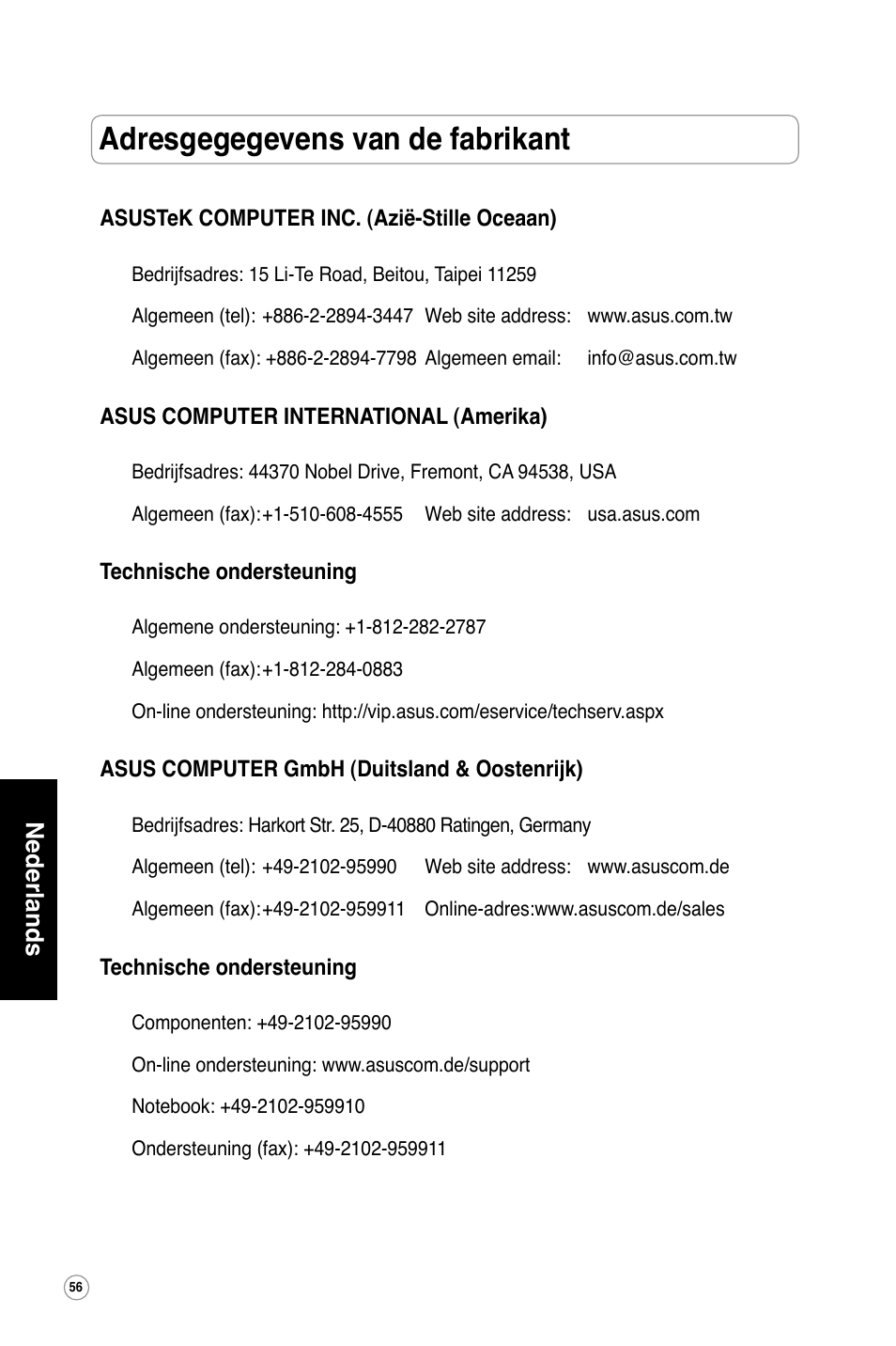 Adresgegegevens van de fabrikant | Asus WL-320gE User Manual | Page 57 / 361