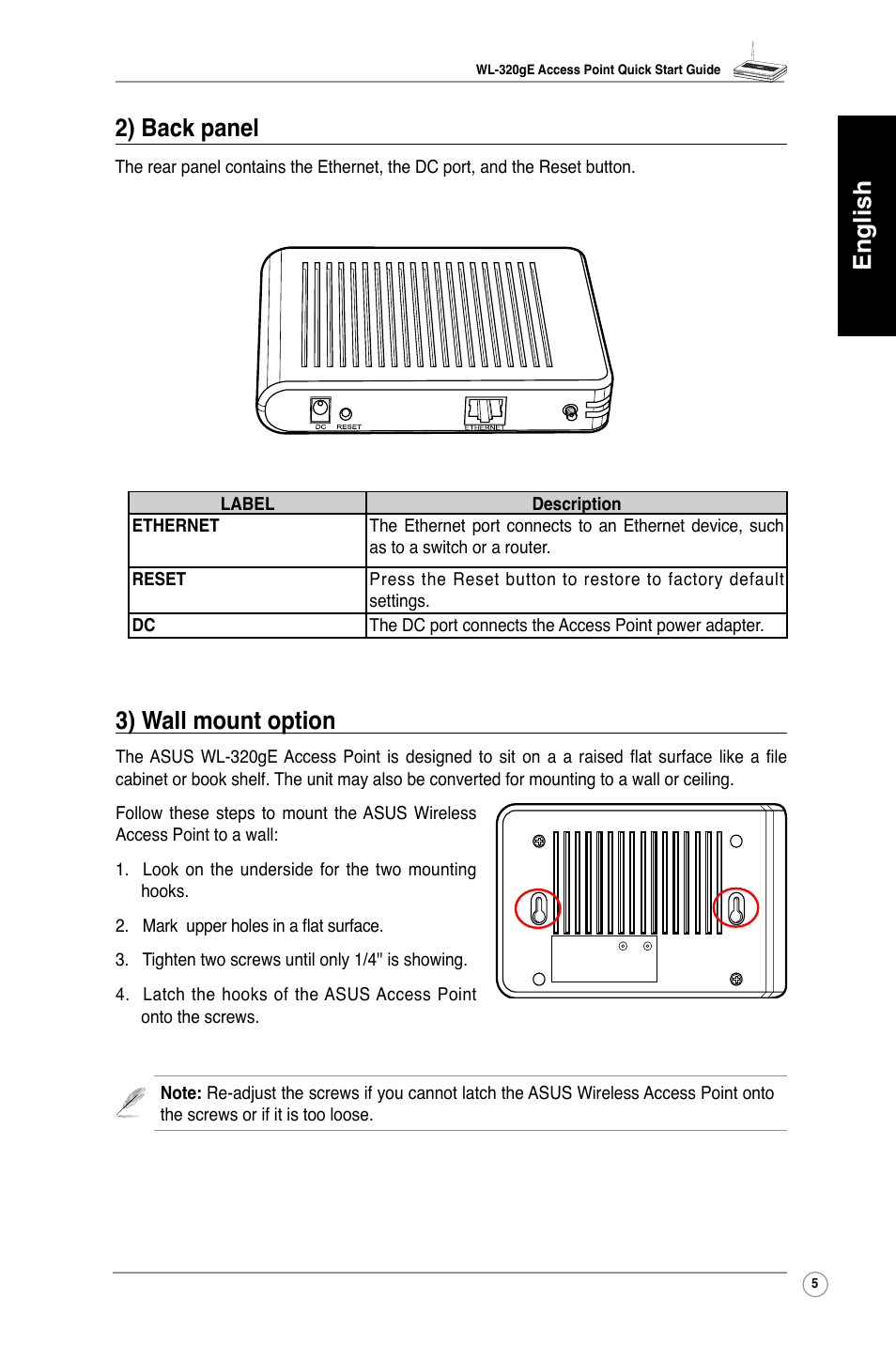 English 3) wall mount option, 2) back panel | Asus WL-320gE User Manual | Page 6 / 361