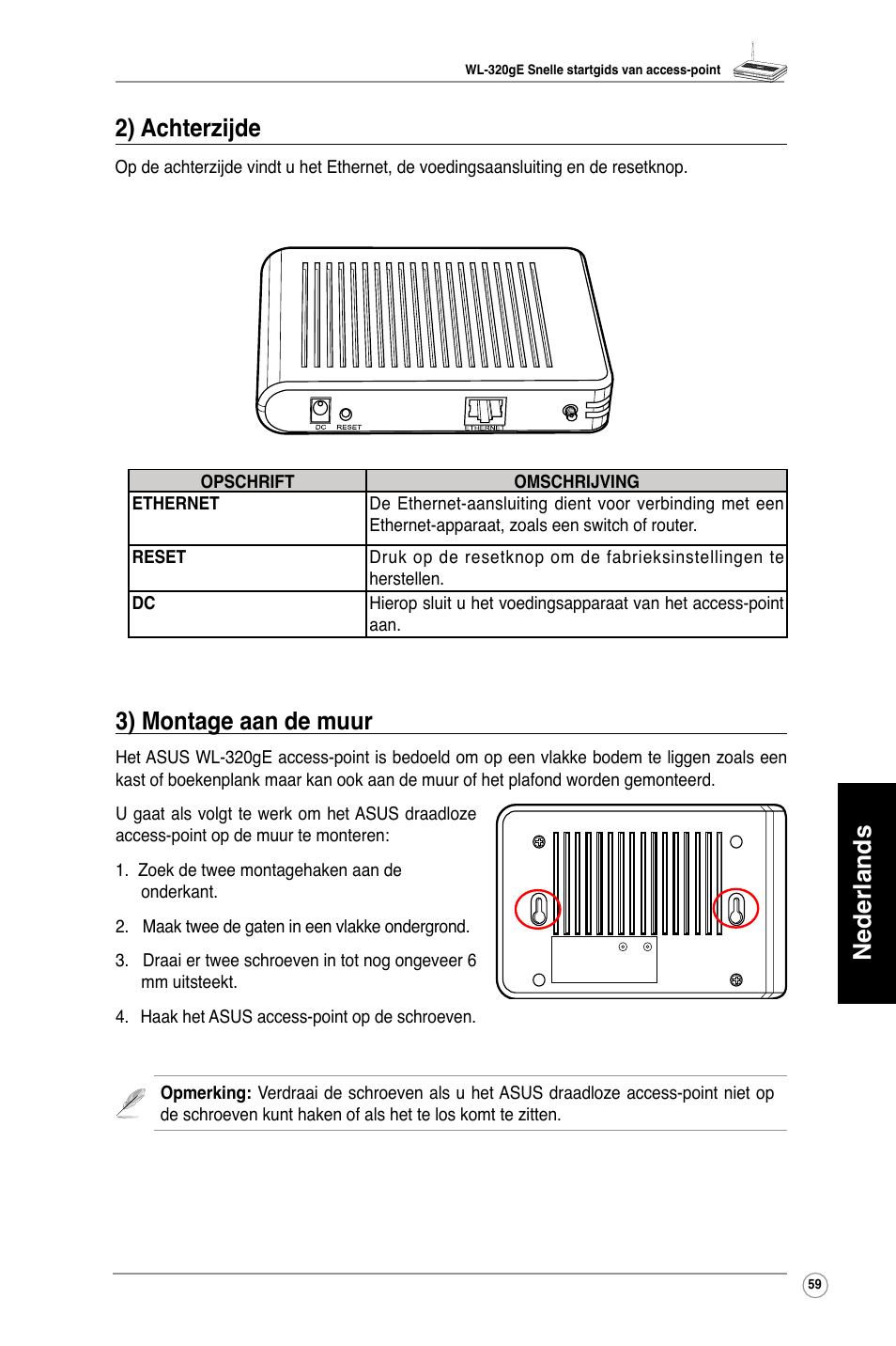 Nederlands 3) montage aan de muur, 2) achterzijde | Asus WL-320gE User Manual | Page 60 / 361