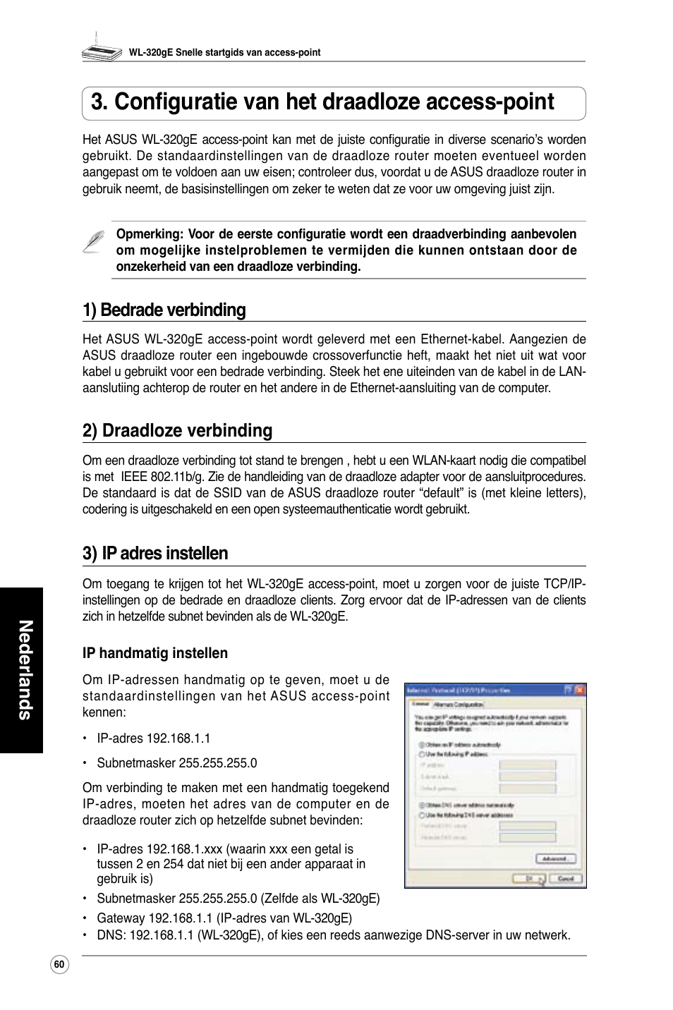 Configuratie van het draadloze access-point, Nederlands, 1) bedrade verbinding | 2) draadloze verbinding, 3) ip adres instellen | Asus WL-320gE User Manual | Page 61 / 361