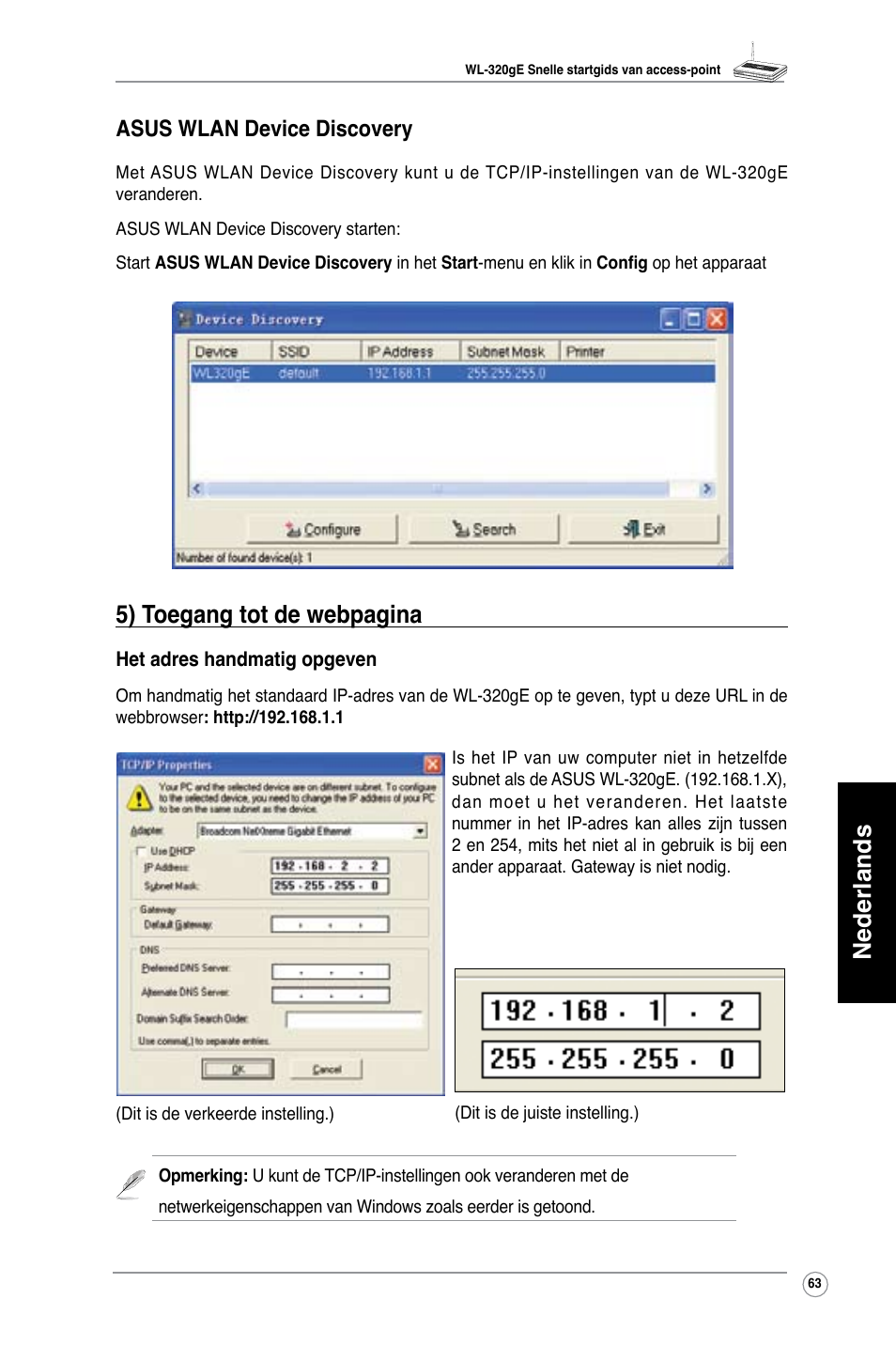 Nederlands, 5) toegang tot de webpagina, Asus wlan device discovery | Asus WL-320gE User Manual | Page 64 / 361