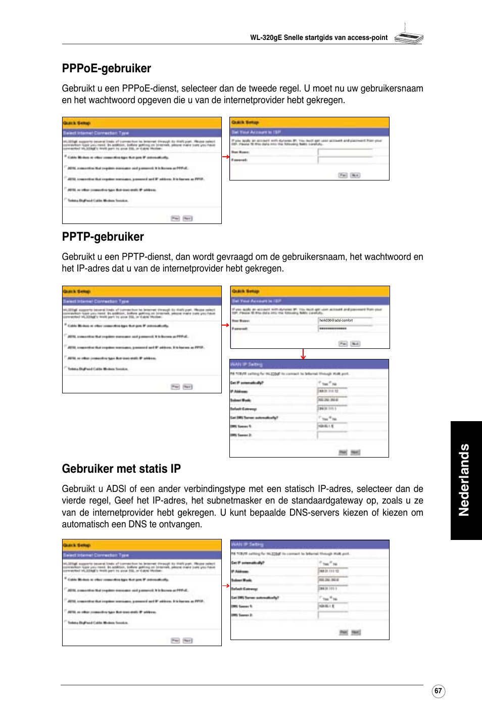 Nederlands, Pppoe-gebruiker, Pptp-gebruiker | Gebruiker met statis ip | Asus WL-320gE User Manual | Page 68 / 361