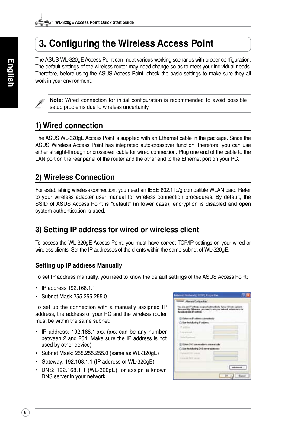 Configuring the wireless access point, English, 1) wired connection | 2) wireless connection, 3) setting ip address for wired or wireless client | Asus WL-320gE User Manual | Page 7 / 361