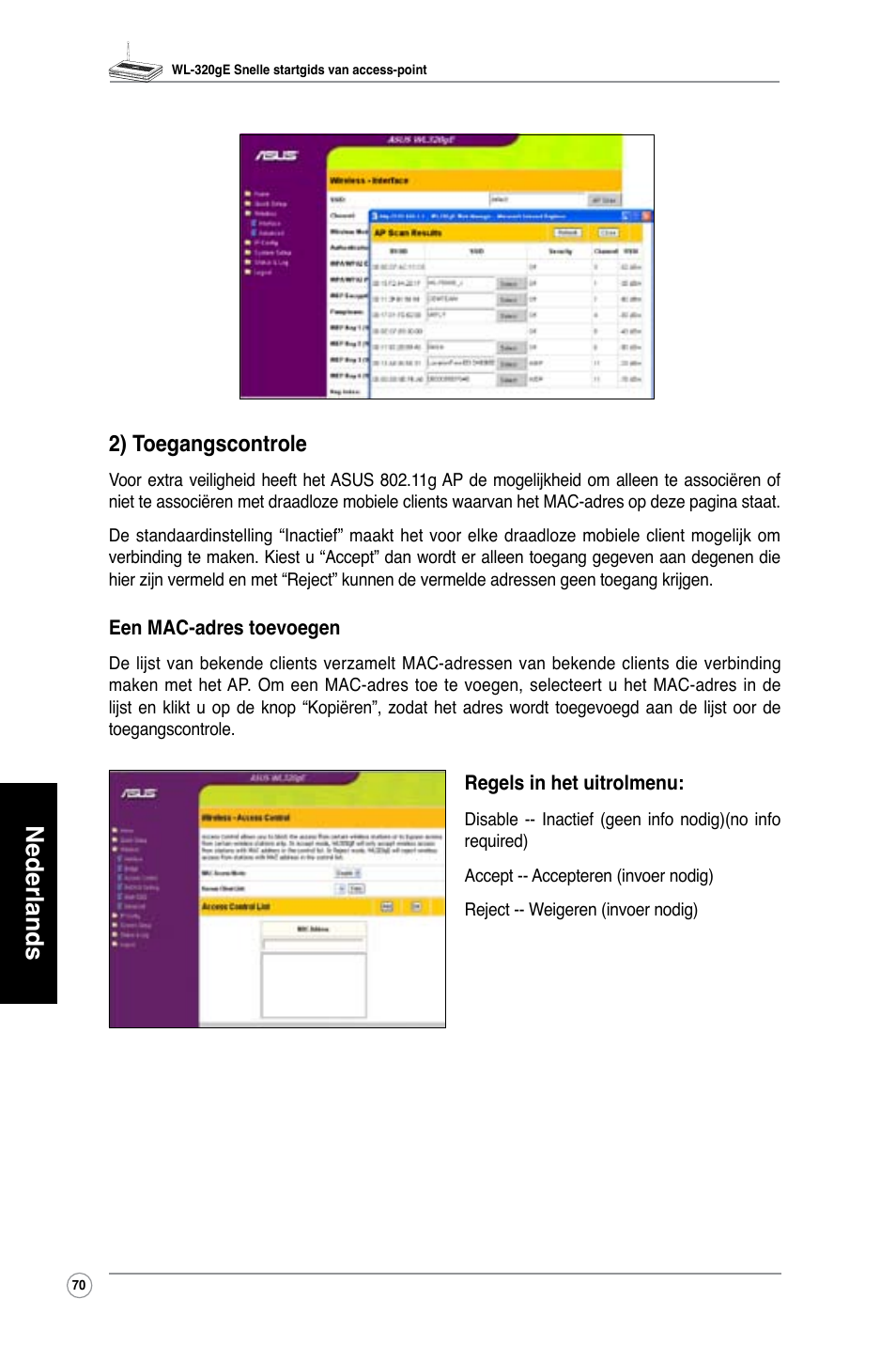 Nederlands, 2) toegangscontrole | Asus WL-320gE User Manual | Page 71 / 361