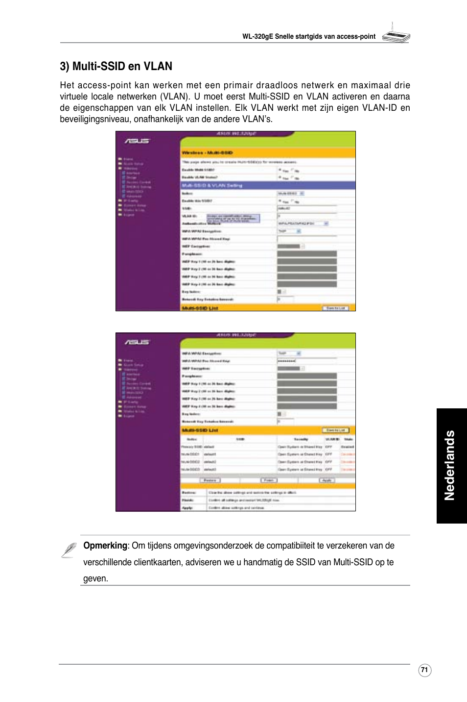 Nederlands, 3) multi-ssid en vlan | Asus WL-320gE User Manual | Page 72 / 361