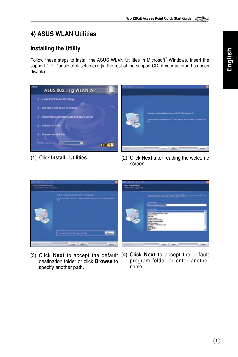 English 4) asus wlan utilities, Installing the utility | Asus WL-320gE User Manual | Page 8 / 361