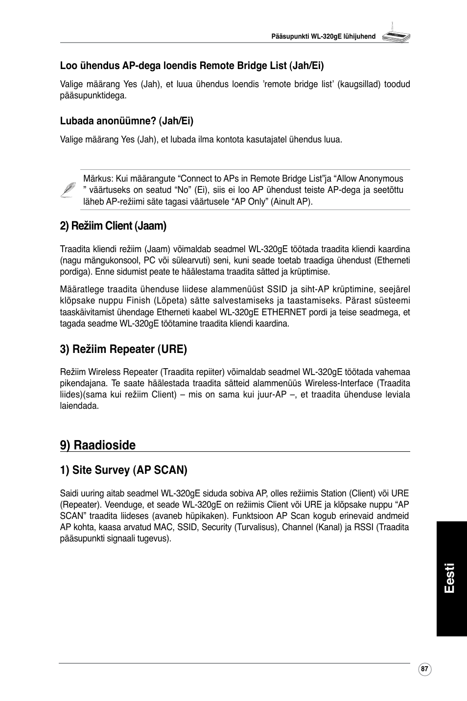 Eesti, 9) raadioside, 2) režiim client (jaam) | 3) režiim repeater (ure), 1) site survey (ap scan) | Asus WL-320gE User Manual | Page 88 / 361