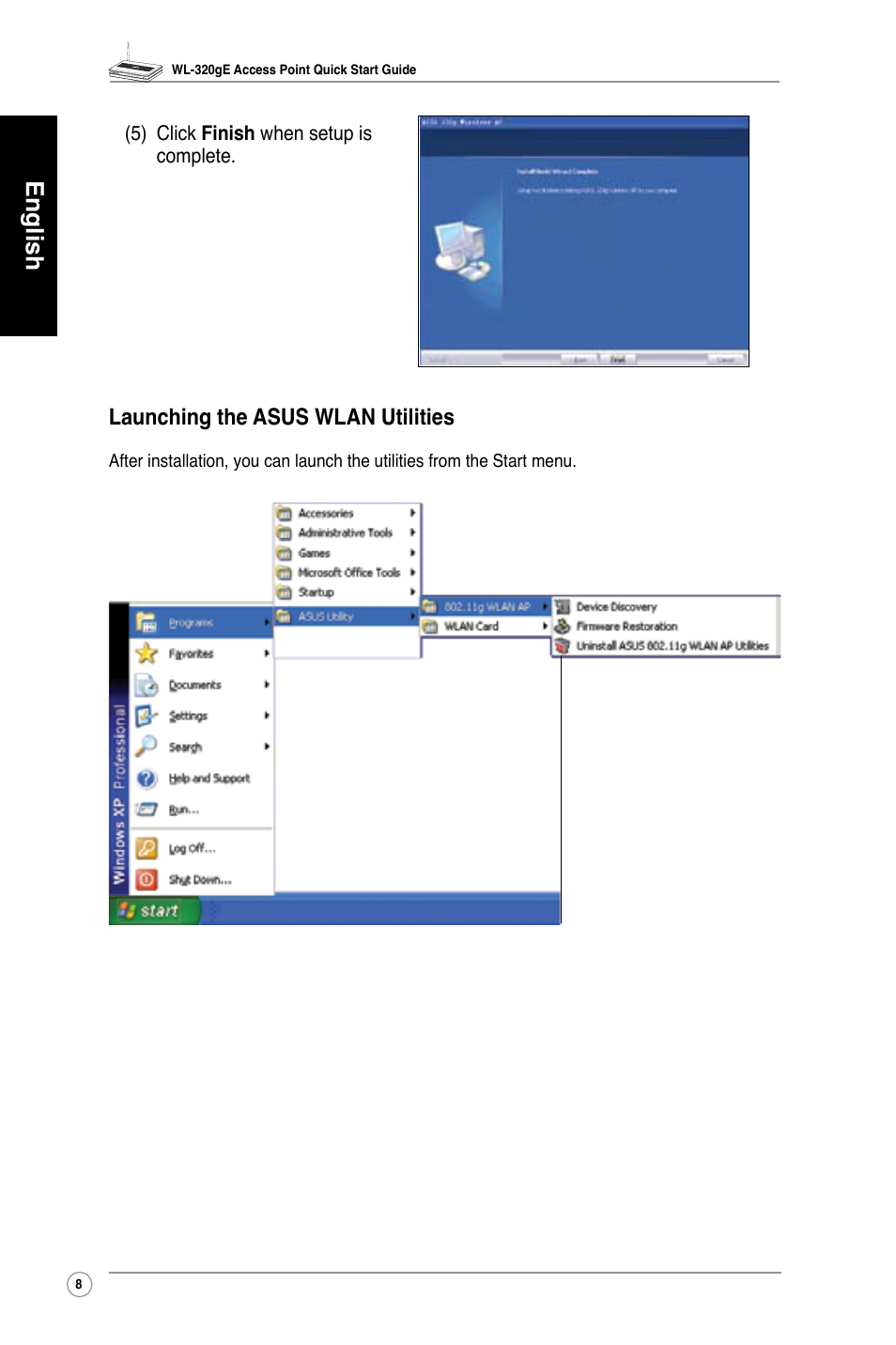 English, Launching the asus wlan utilities | Asus WL-320gE User Manual | Page 9 / 361