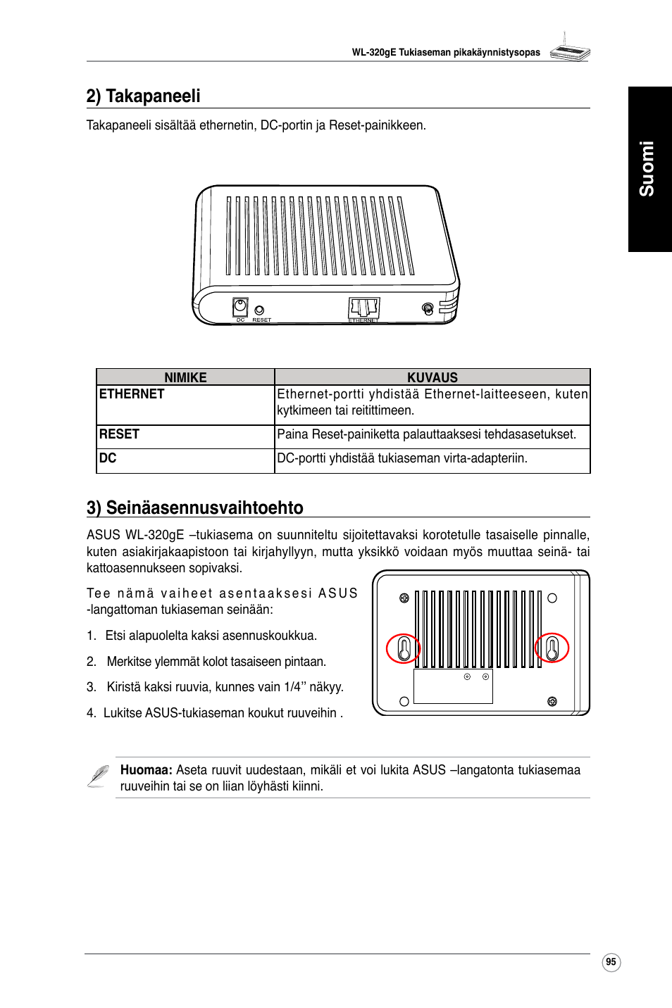 Suomi 3) seinäasennusvaihtoehto, 2) takapaneeli | Asus WL-320gE User Manual | Page 96 / 361