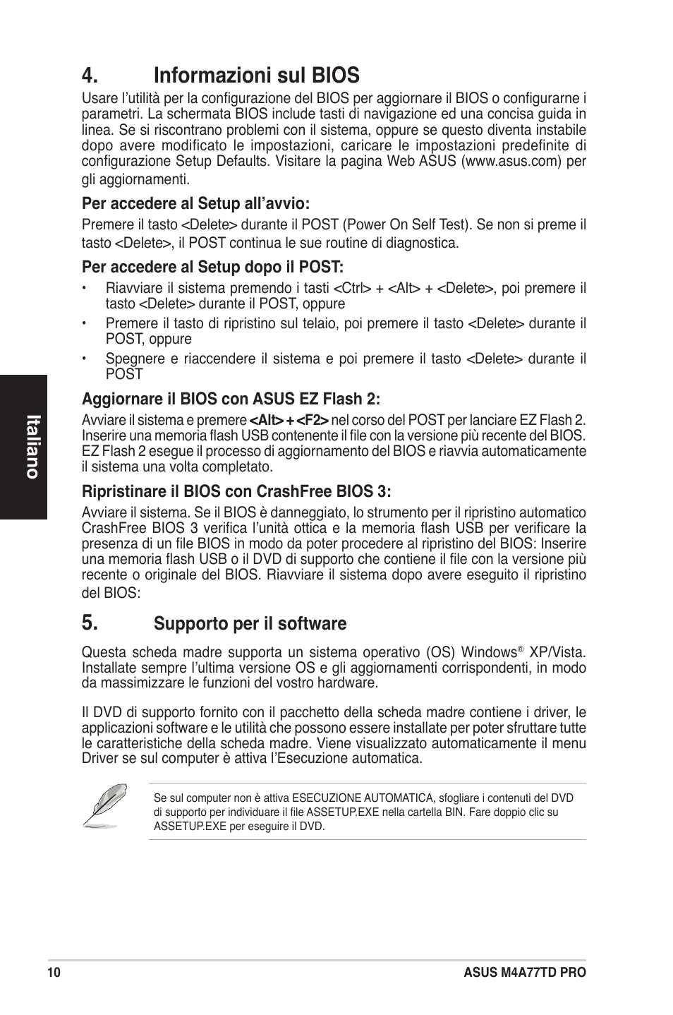 Informazioni sul bios, Italiano, Supporto per il software | Asus M4A77TD PRO/U3S6 User Manual | Page 10 / 38