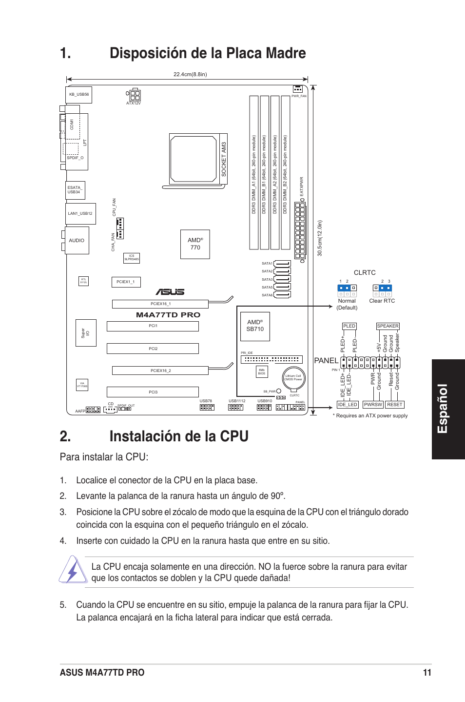 Español, Para instalar la cpu, Panel | M4a77td pro | Asus M4A77TD PRO/U3S6 User Manual | Page 11 / 38