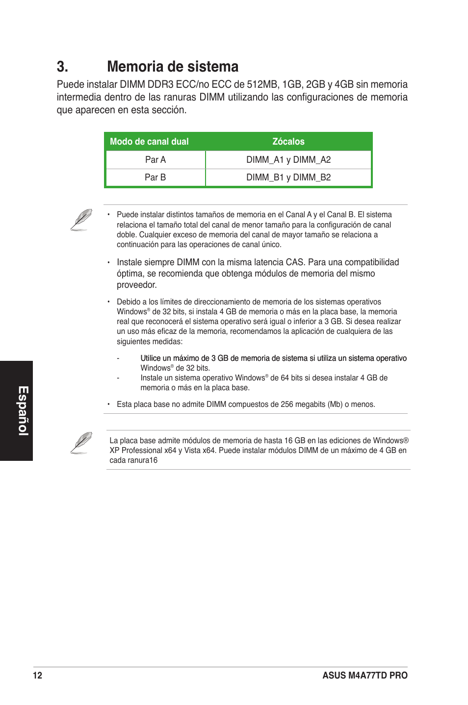 Español | Asus M4A77TD PRO/U3S6 User Manual | Page 12 / 38