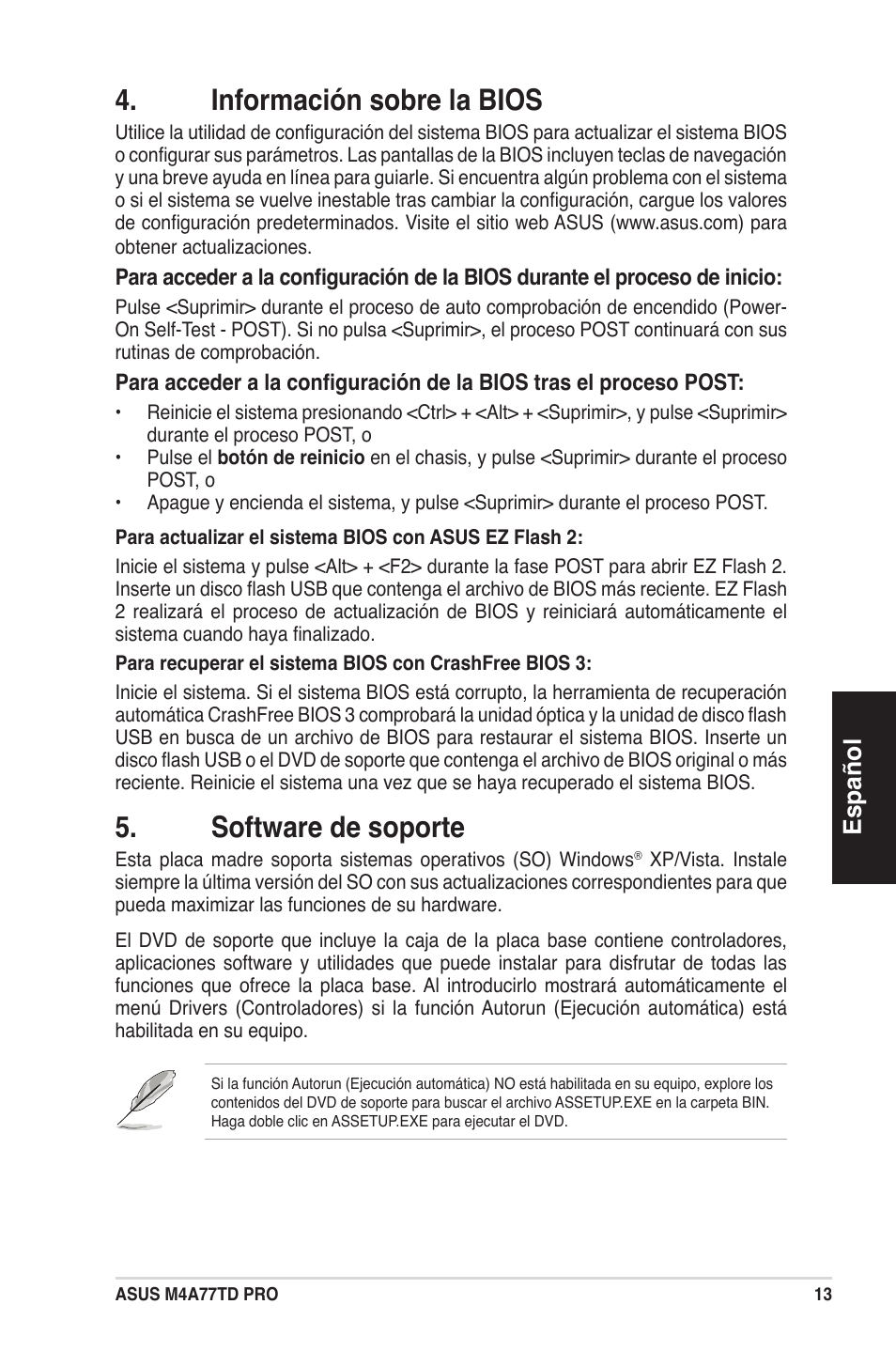 Información sobre la bios, Software de soporte, Español | Asus M4A77TD PRO/U3S6 User Manual | Page 13 / 38