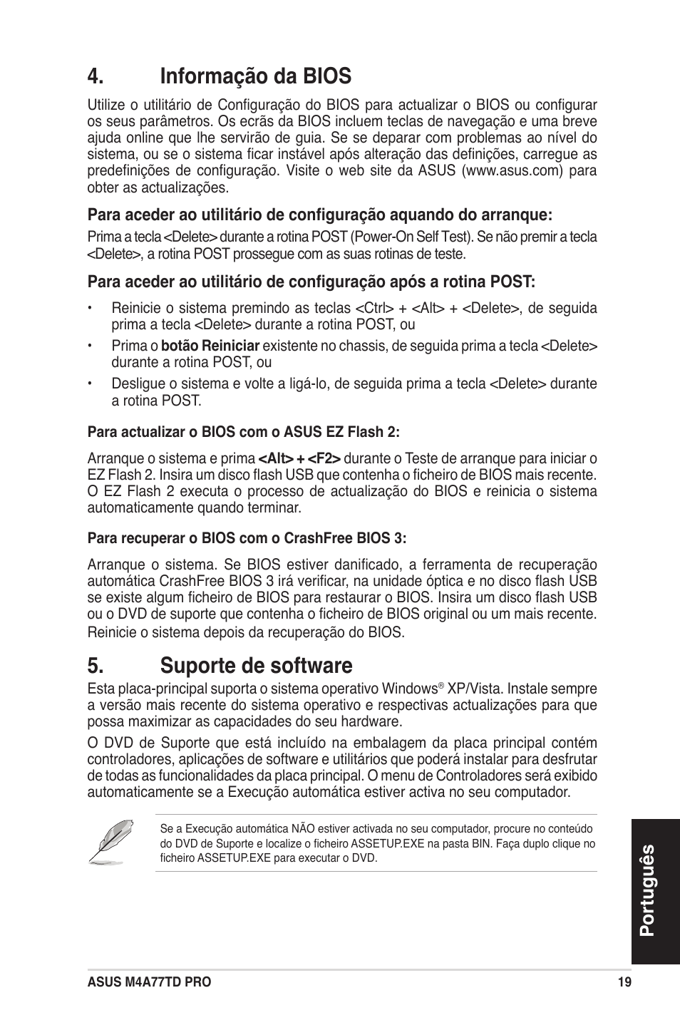 Informação da bios, Suporte de software, Português | Asus M4A77TD PRO/U3S6 User Manual | Page 19 / 38