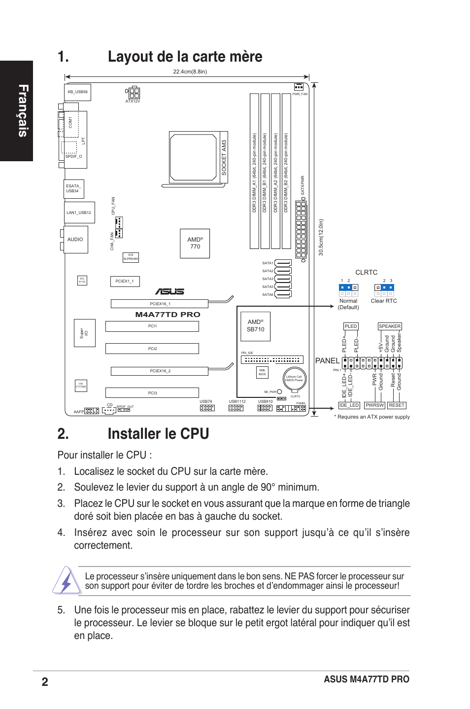 Installer le cpu, Layout de la carte mère, Français | Asus m4a77td pro, Panel, M4a77td pro | Asus M4A77TD PRO/U3S6 User Manual | Page 2 / 38