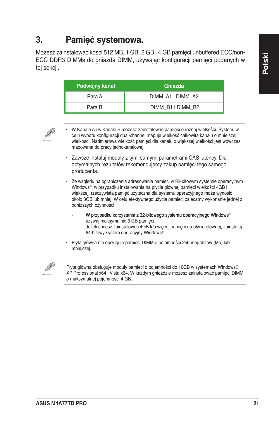 Pamięć systemowa, Polski | Asus M4A77TD PRO/U3S6 User Manual | Page 21 / 38