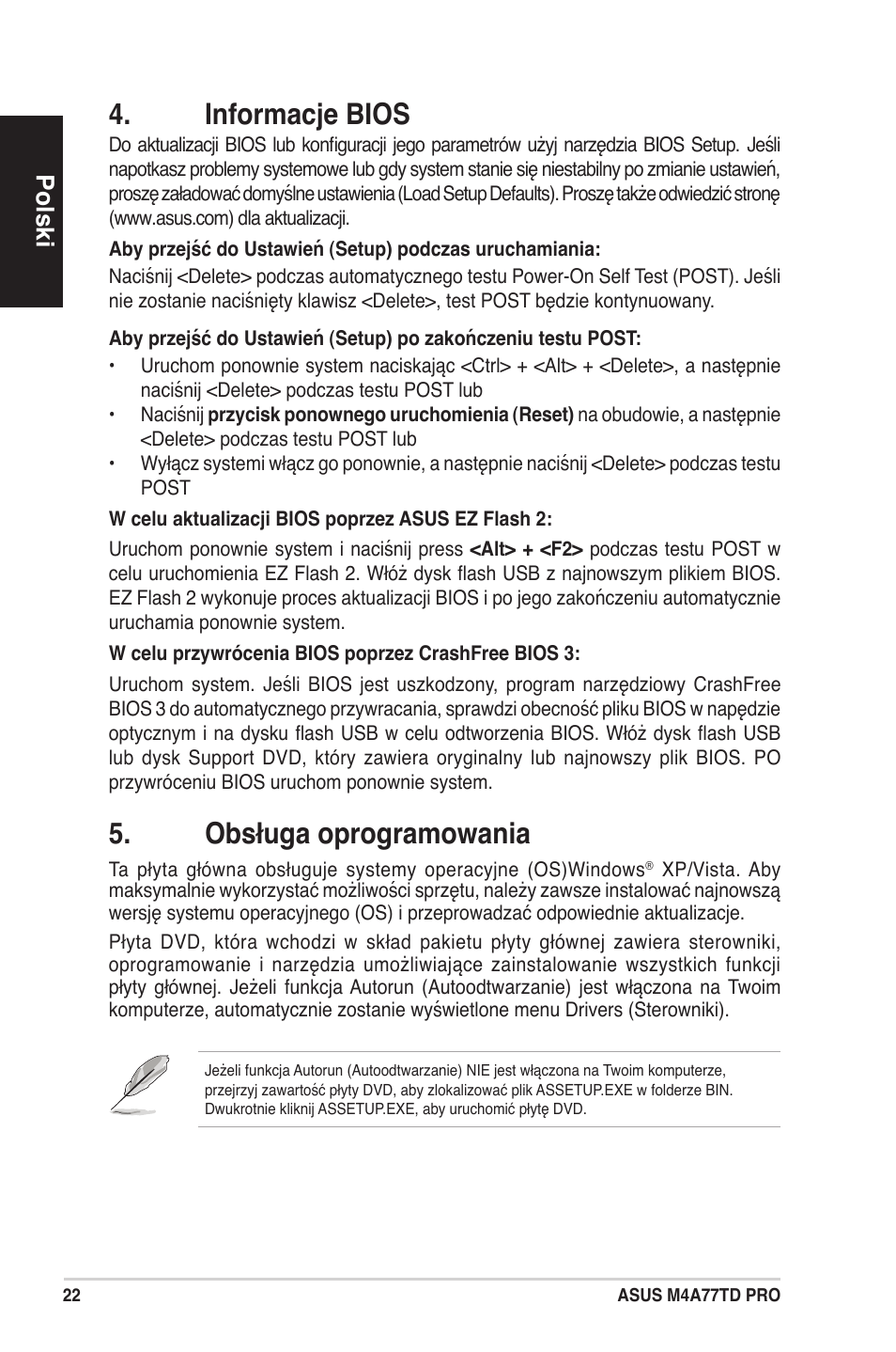 Informacje bios, Obsługa oprogramowania, Polski | Asus M4A77TD PRO/U3S6 User Manual | Page 22 / 38