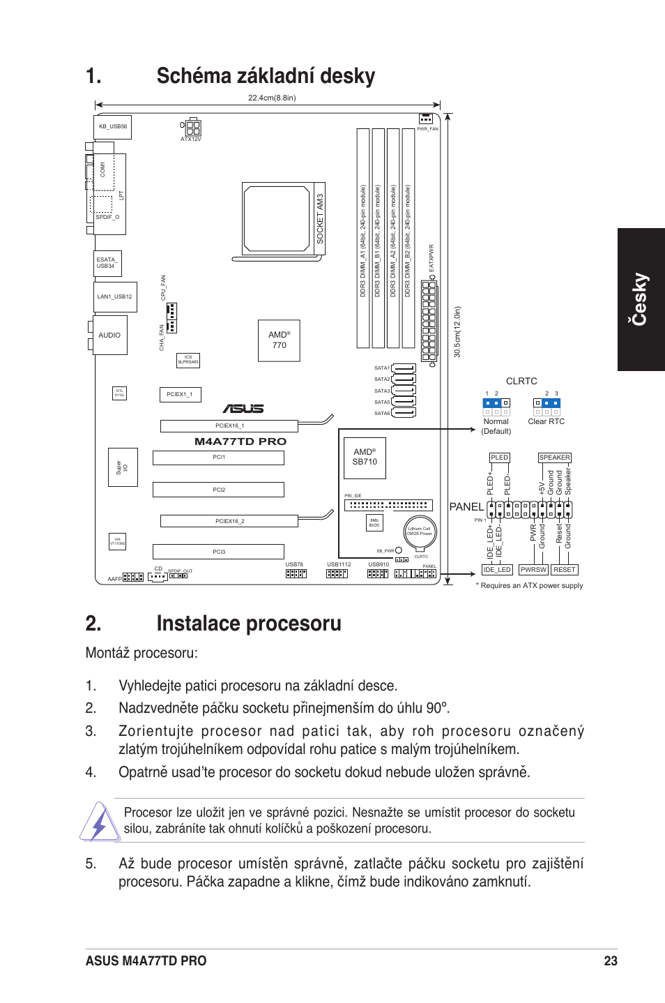 Schéma základní desky . instalace procesoru, Česky, Asus m4a77td pro | Panel, M4a77td pro | Asus M4A77TD PRO/U3S6 User Manual | Page 23 / 38