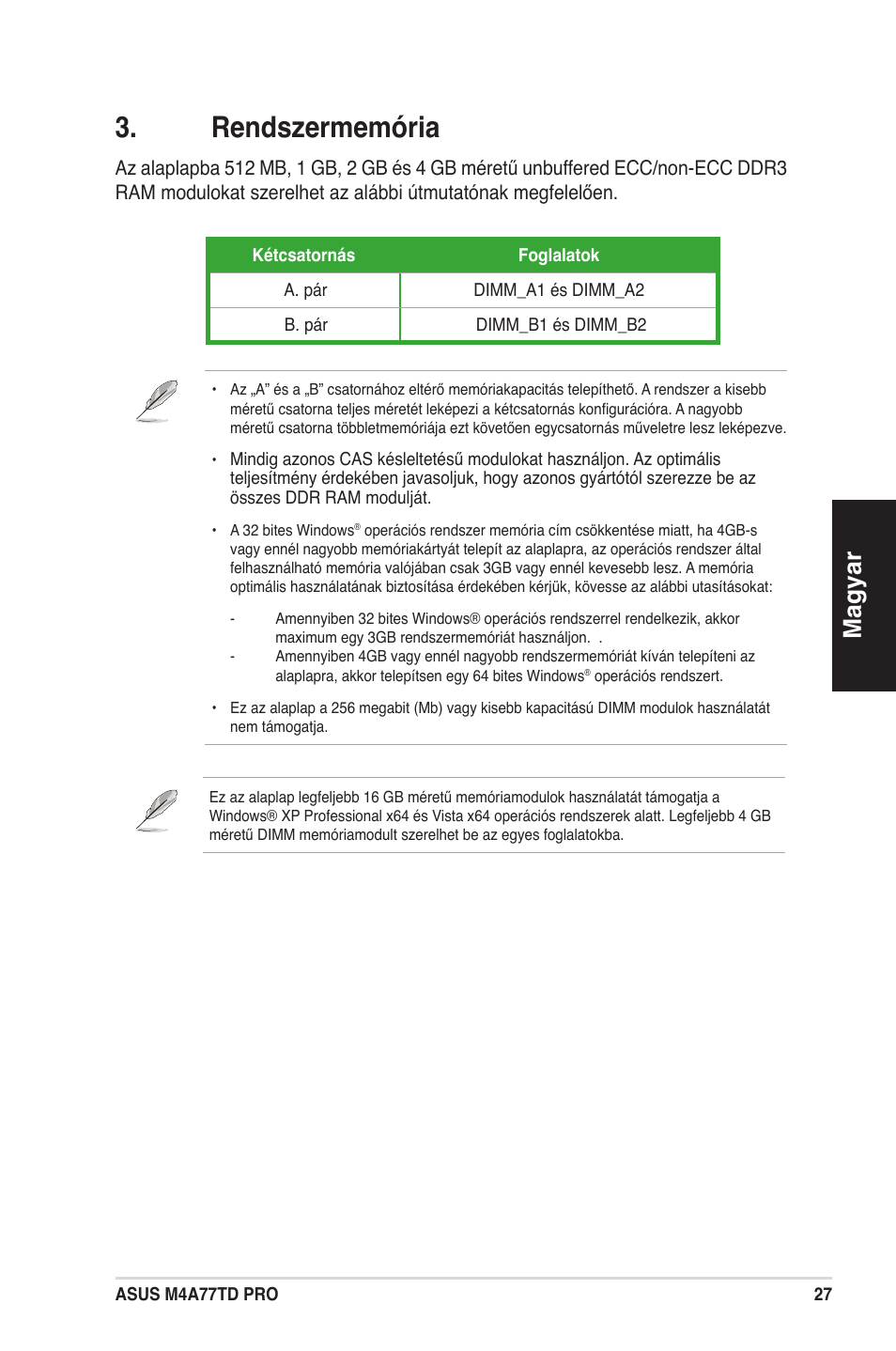 Rendszermemória, Magyar | Asus M4A77TD PRO/U3S6 User Manual | Page 27 / 38