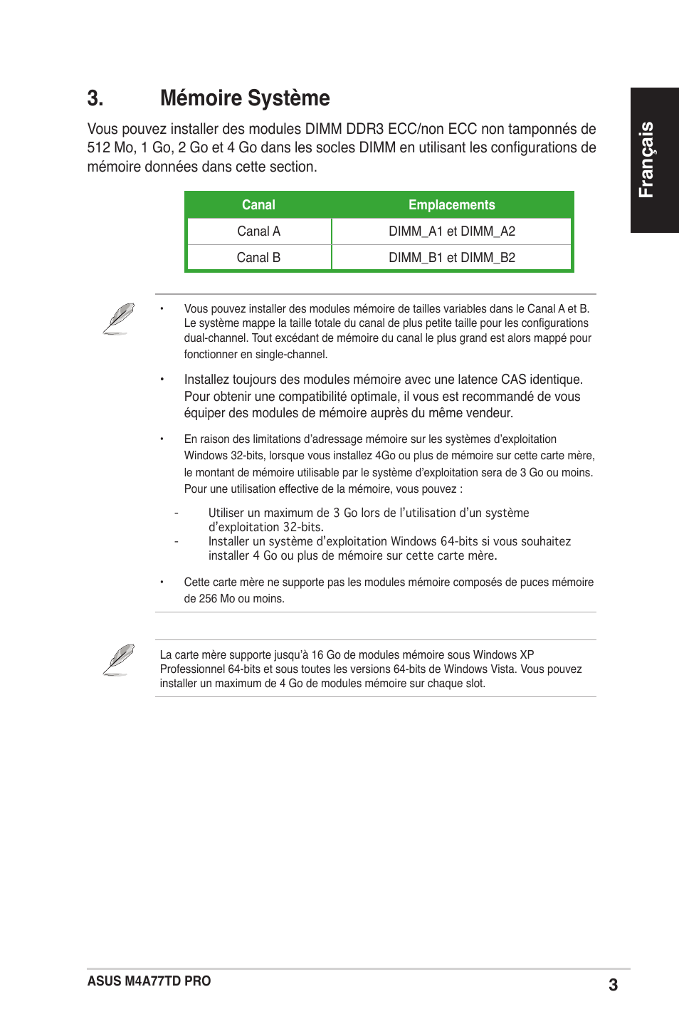 Mémoire système, Français | Asus M4A77TD PRO/U3S6 User Manual | Page 3 / 38
