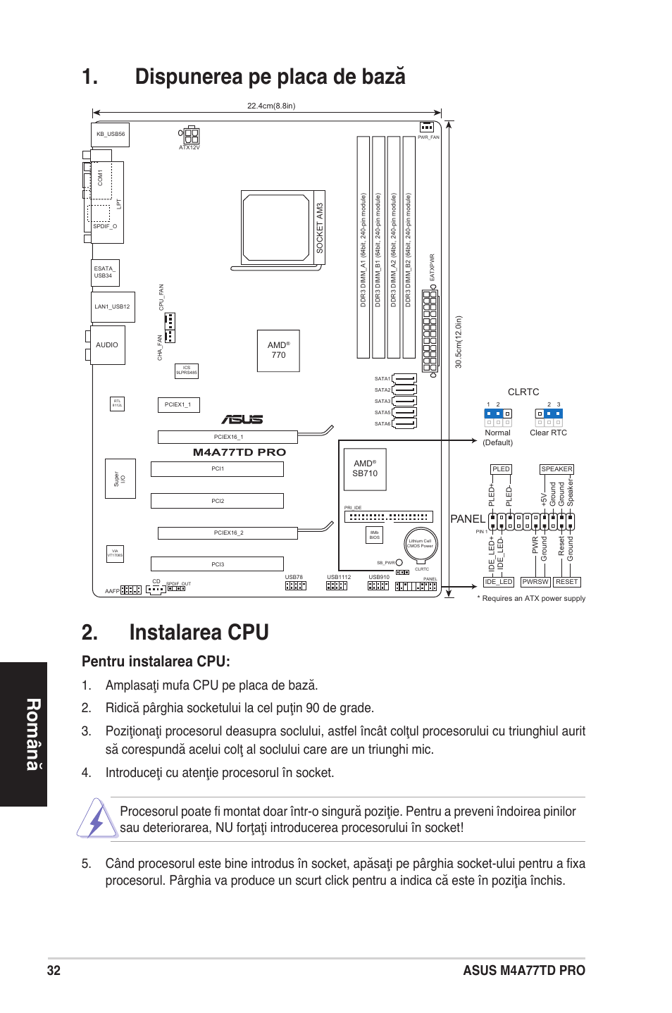 Dispunerea pe placa de bază . instalarea cpu, Română, Pentru instalarea cpu | Asus m4a77td pro, Panel, M4a77td pro | Asus M4A77TD PRO/U3S6 User Manual | Page 32 / 38