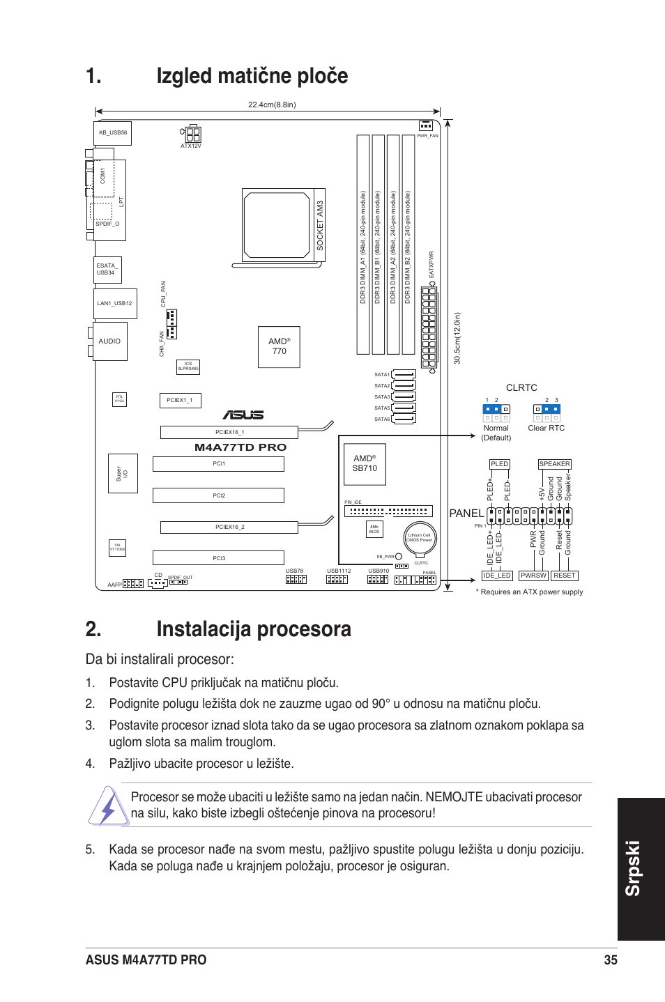 Izgled matične ploče . instalacija procesora, Srpski, Da bi instalirali procesor | 5 asus m4a77td pro, Panel, M4a77td pro | Asus M4A77TD PRO/U3S6 User Manual | Page 35 / 38