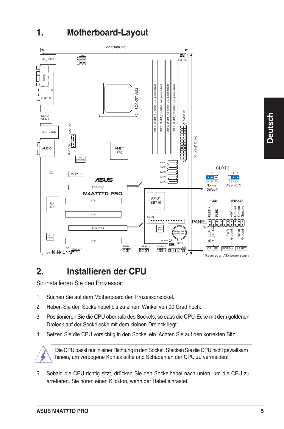 Motherboard-layout . installieren der cpu, Deutsch, So installieren sie den prozessor | 5asus m4a77td pro, Panel, M4a77td pro | Asus M4A77TD PRO/U3S6 User Manual | Page 5 / 38