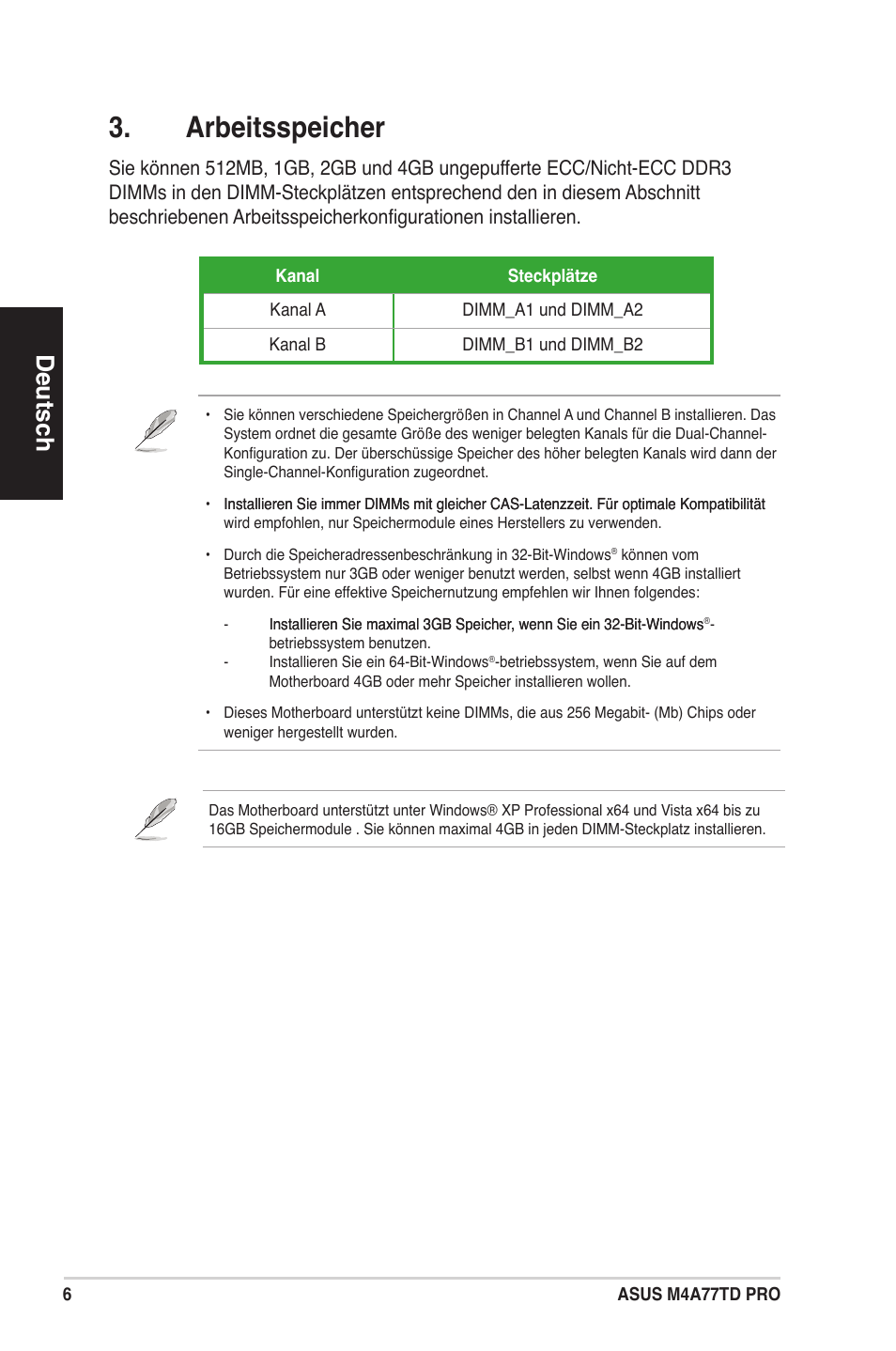 Arbeitsspeicher, Deutsch | Asus M4A77TD PRO/U3S6 User Manual | Page 6 / 38