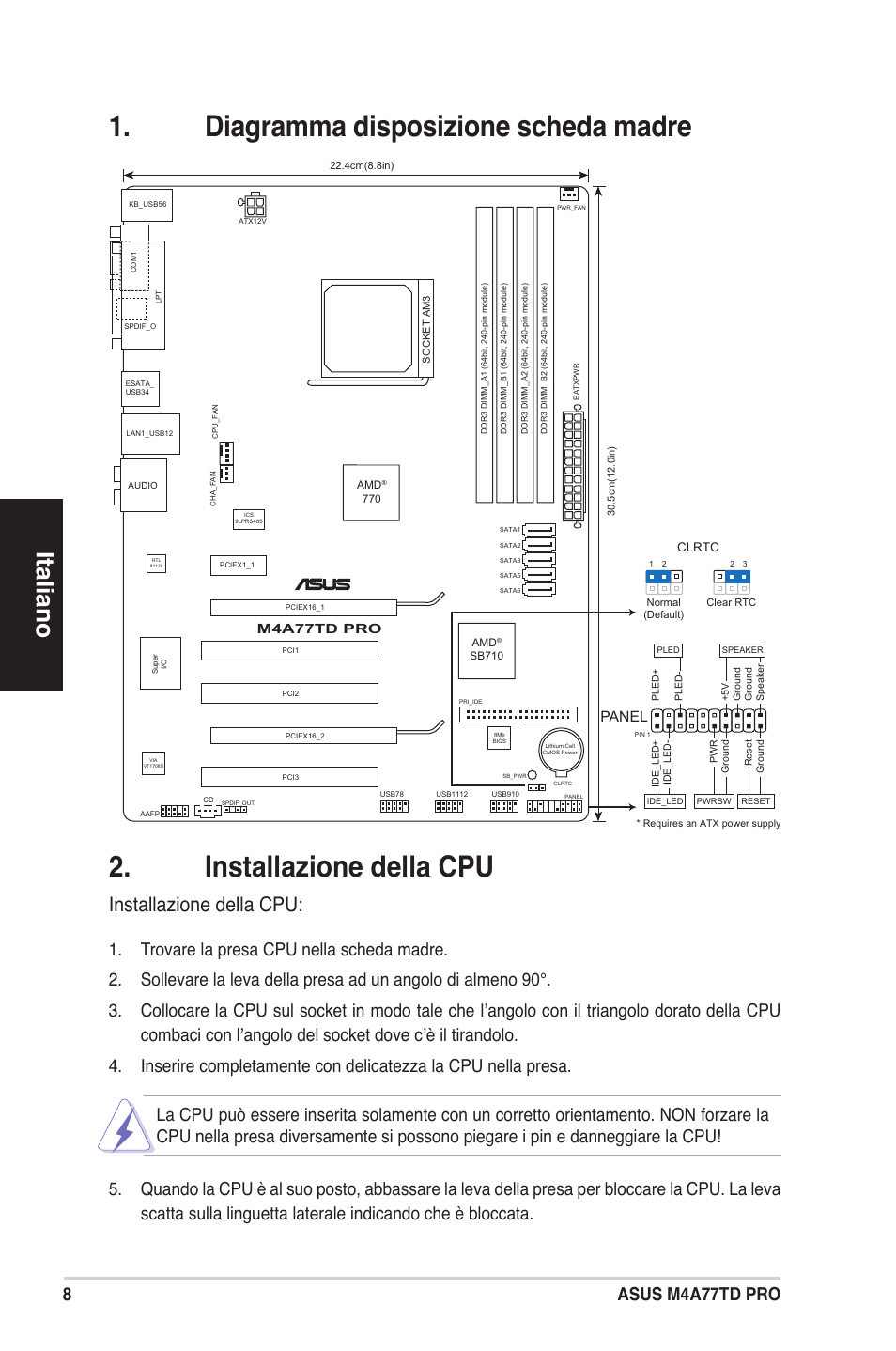 Italiano, Installazione della cpu, Asus m4a77td pro | Panel, M4a77td pro | Asus M4A77TD PRO/U3S6 User Manual | Page 8 / 38