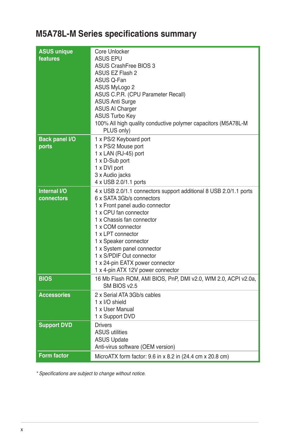 M5a78l-m series specifications summary | Asus M5A78L-M PLUS User Manual | Page 10 / 64