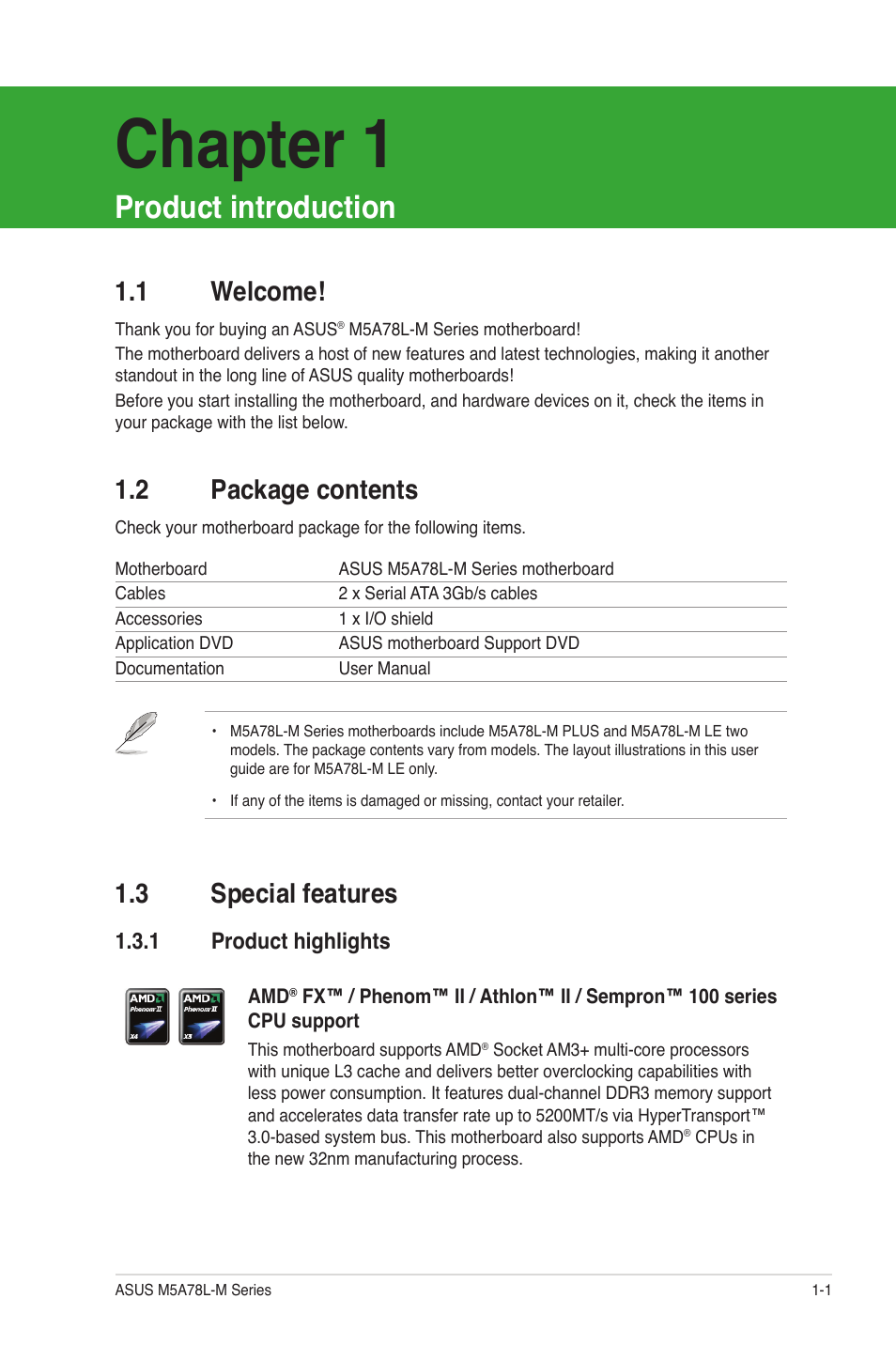 Chapter 1: product introduction, 1 welcome, 2 package contents | 3 special features, 1 product highlights, Product introduction, Welcome! -1, Package contents -1, Special features -1 1.3.1, Product highlights -1 | Asus M5A78L-M PLUS User Manual | Page 11 / 64