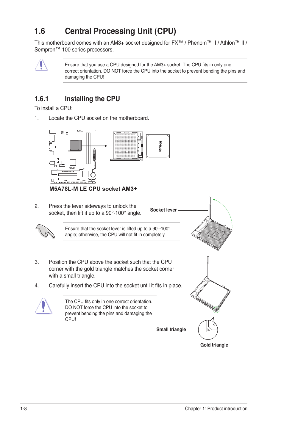 6 central processing unit (cpu), 1 installing the cpu, Central processing unit (cpu) -8 1.6.1 | Installing the cpu -8 | Asus M5A78L-M PLUS User Manual | Page 18 / 64