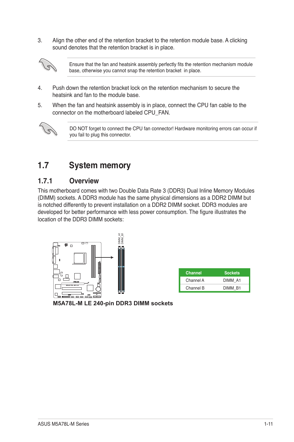 7 system memory, 1 overview, System memory -11 1.7.1 | Overview -11 | Asus M5A78L-M PLUS User Manual | Page 21 / 64
