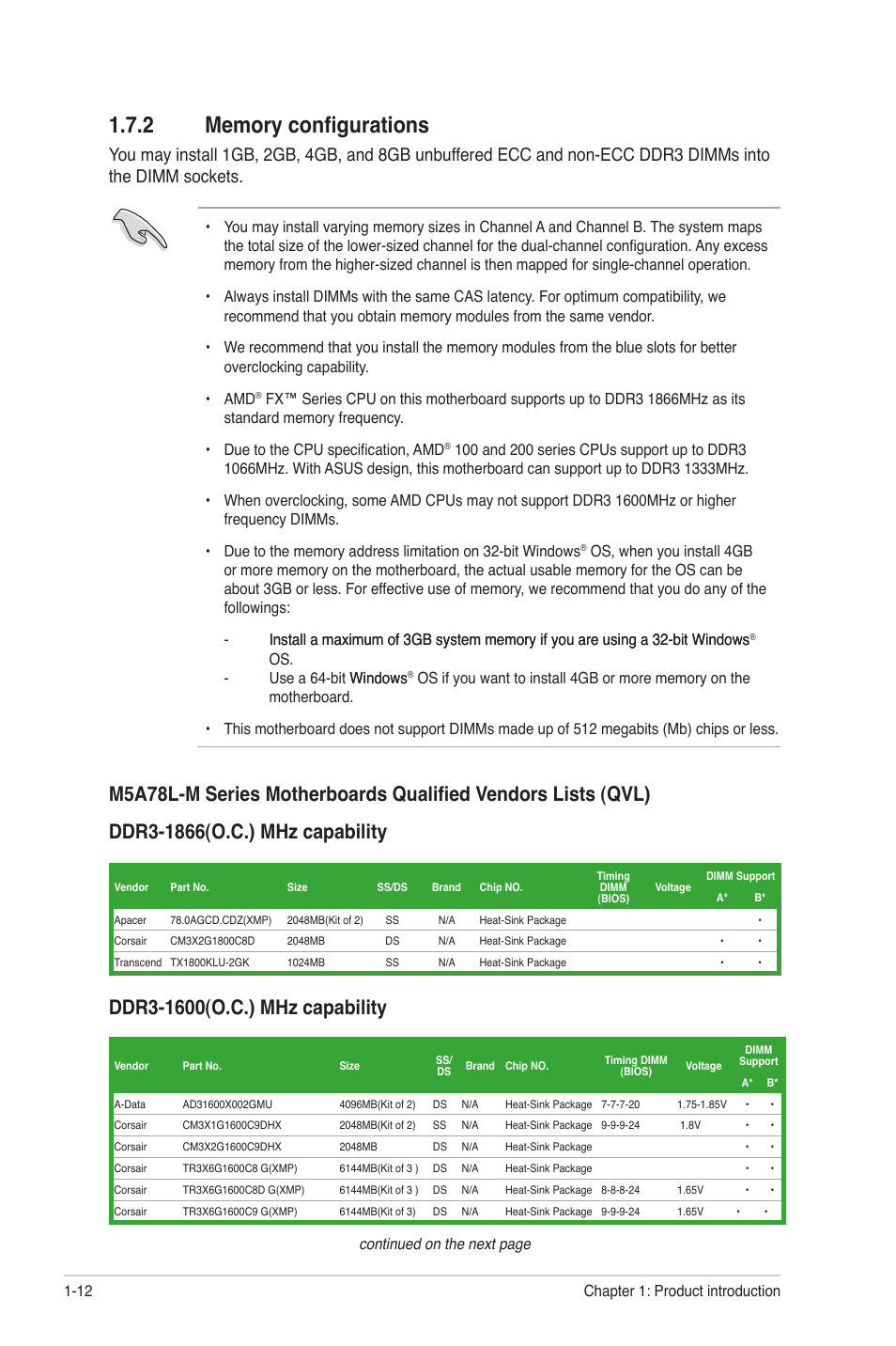 2 memory configurations, Memory configurations -12, Continued on the next page | Asus M5A78L-M PLUS User Manual | Page 22 / 64