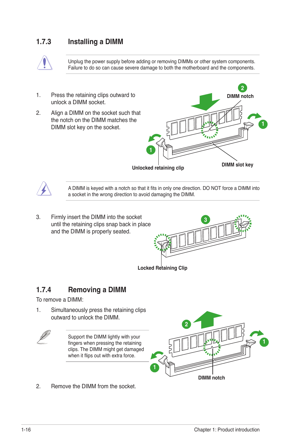 3 installing a dimm, 4 removing a dimm, Installing a dimm -16 | Removing a dimm -16 | Asus M5A78L-M PLUS User Manual | Page 26 / 64