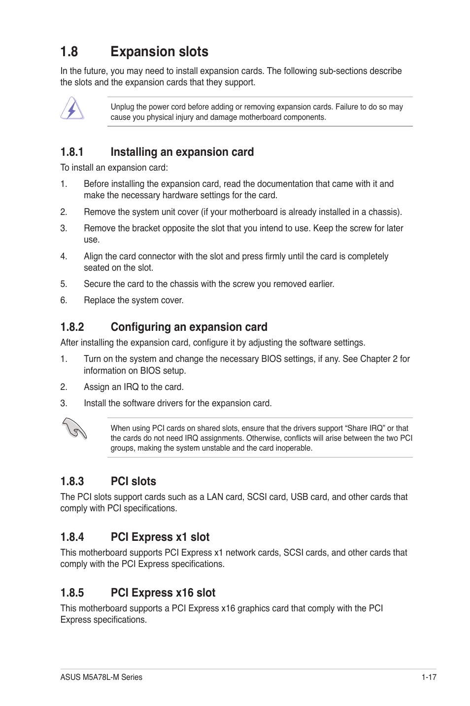8 expansion slots, 1 installing an expansion card, 2 configuring an expansion card | 3 pci slots, 4 pci express x1 slot, 5 pci express x16 slot, Expansion slots -17 1.8.1, Installing an expansion card -17, Configuring an expansion card -17, Pci slots -17 | Asus M5A78L-M PLUS User Manual | Page 27 / 64