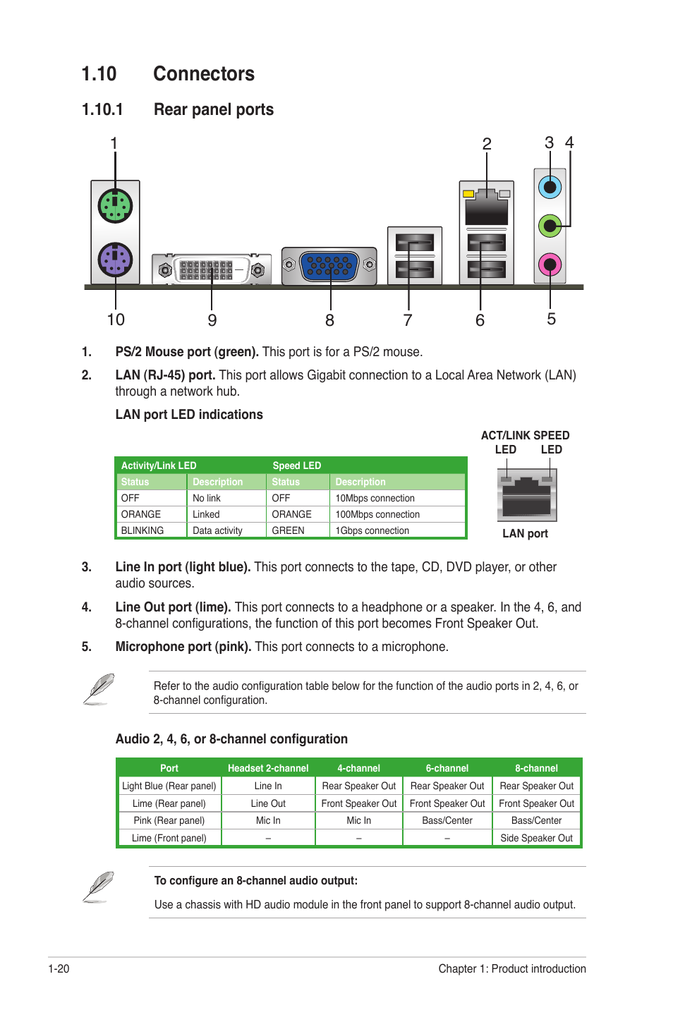 10 connectors, 1 rear panel ports, 10 connectors -20 | 1 rear panel ports -20 | Asus M5A78L-M PLUS User Manual | Page 30 / 64