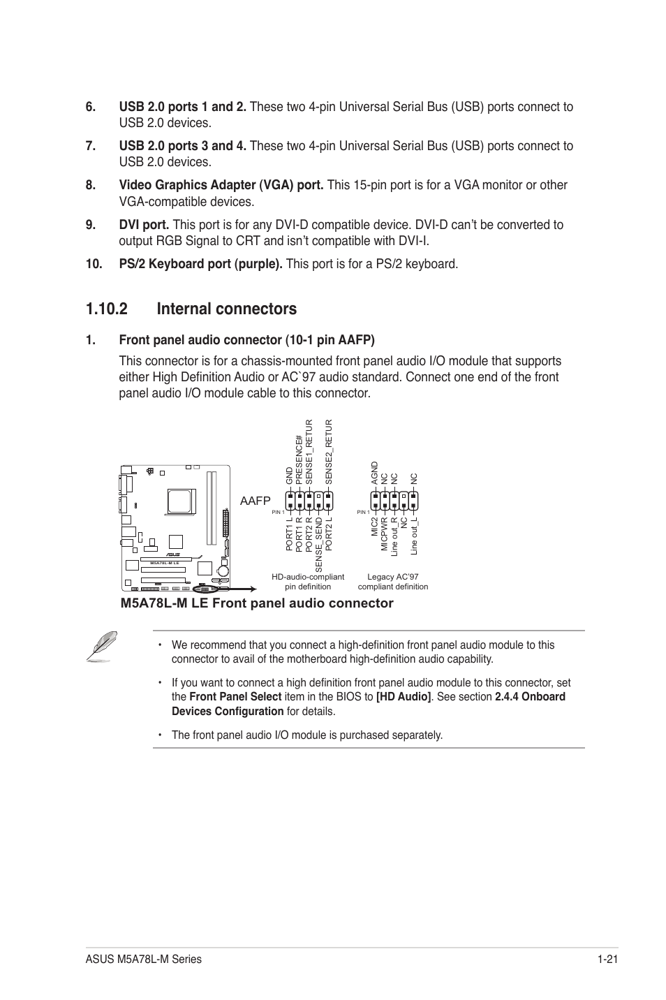 2 internal connectors, 2 internal connectors -21, M5a78l-m le front panel audio connector | Asus M5A78L-M PLUS User Manual | Page 31 / 64