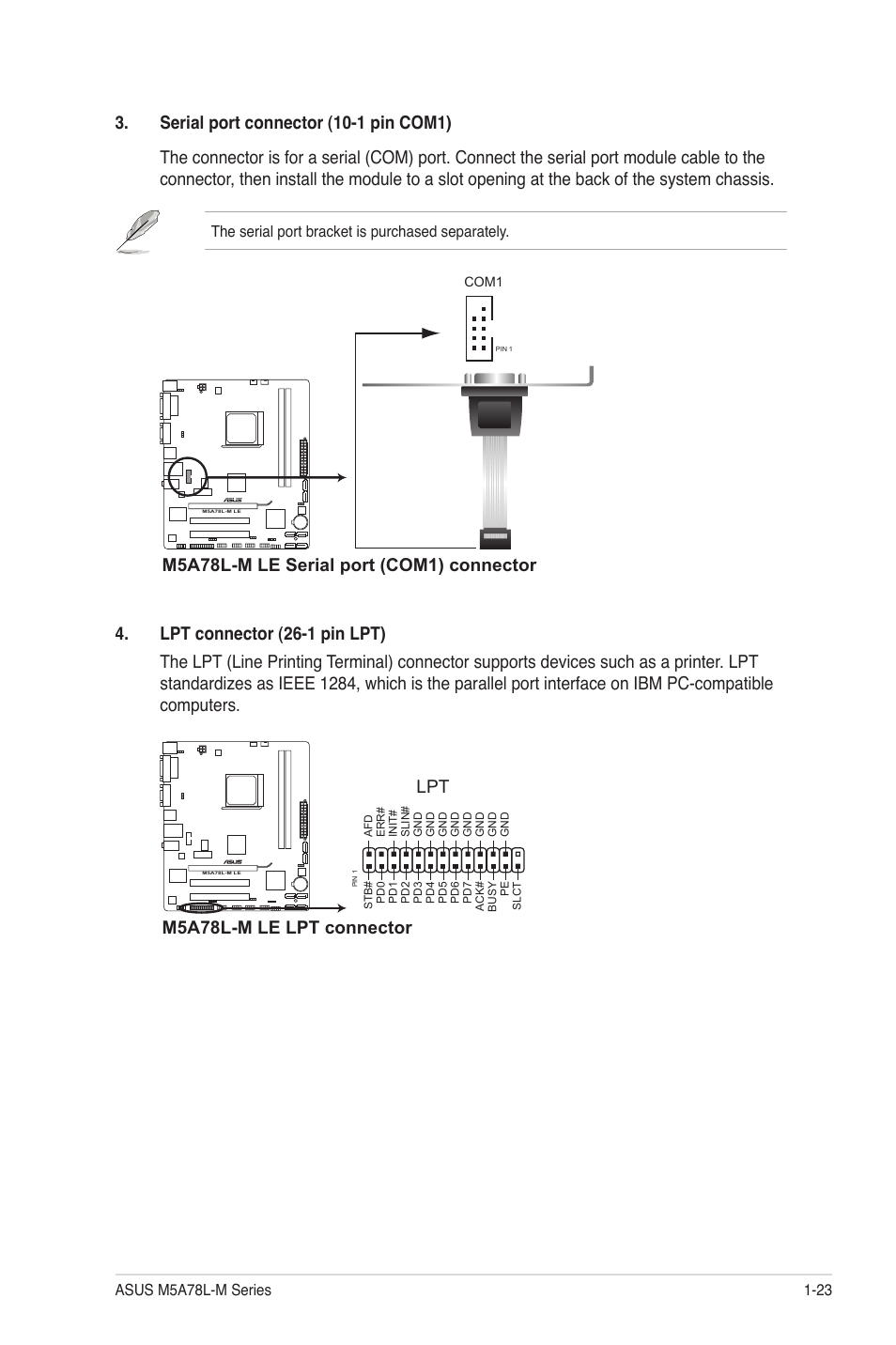 M5a78l-m le serial port (com1) connector, M5a78l-m le lpt connector | Asus M5A78L-M PLUS User Manual | Page 33 / 64