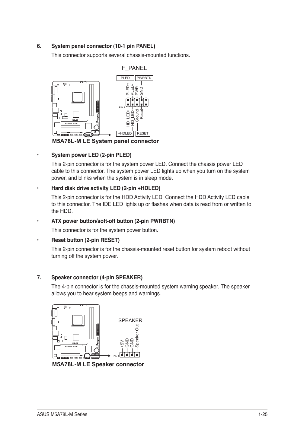 M5a78l-m le system panel connector, F_panel, M5a78l-m le speaker connector | Asus M5A78L-M PLUS User Manual | Page 35 / 64