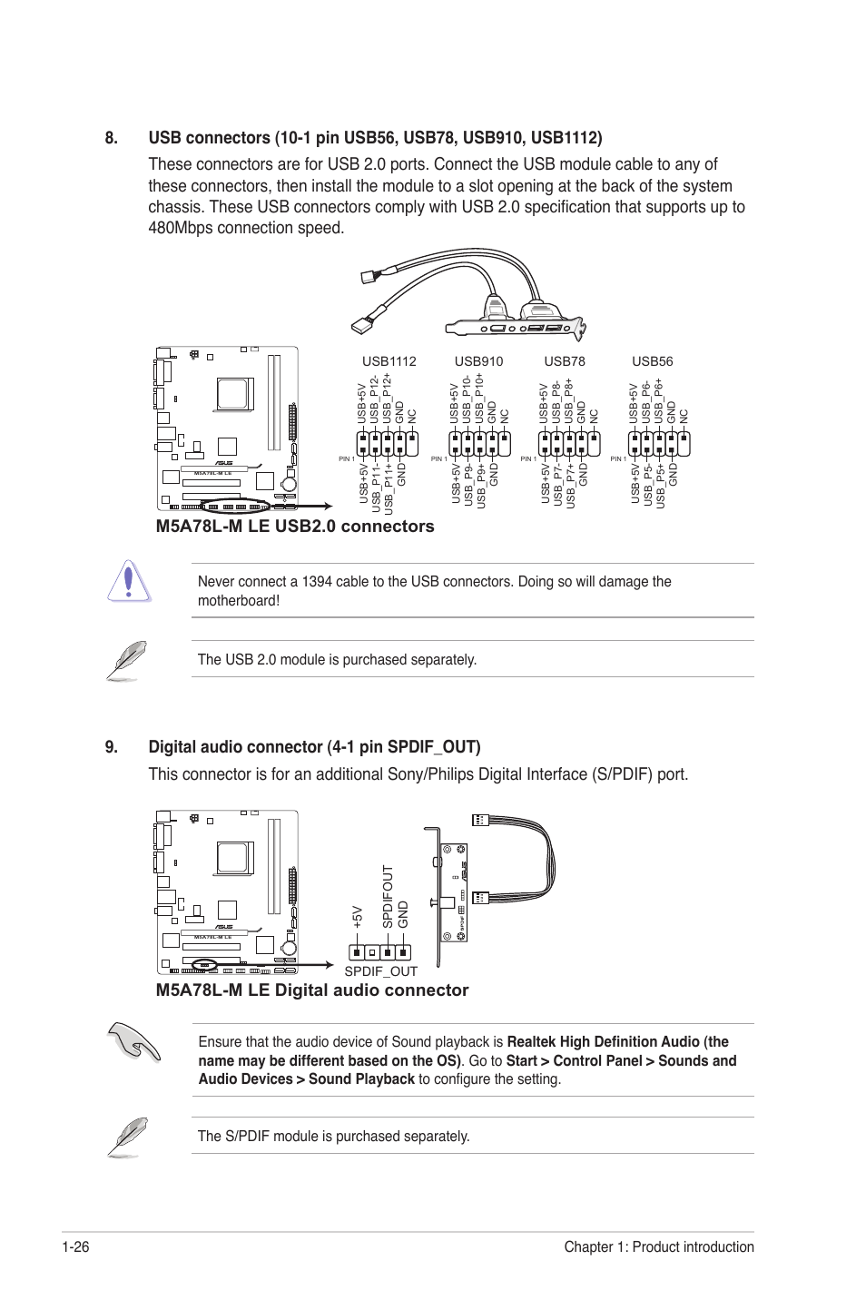 M5a78l-m le digital audio connector, Chapter 1: product introduction 1-26 | Asus M5A78L-M PLUS User Manual | Page 36 / 64