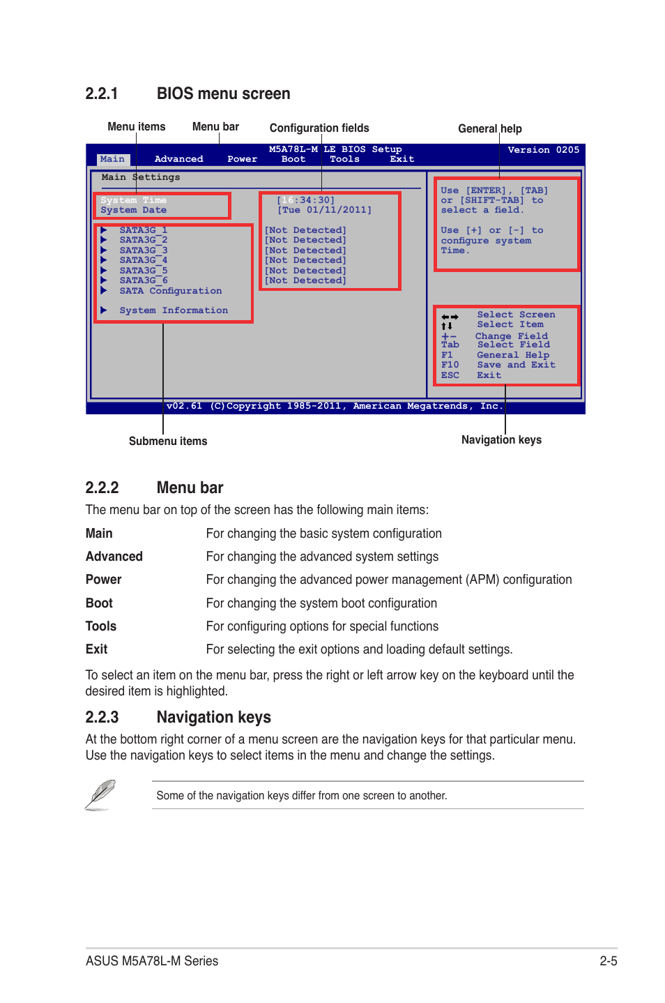 1 bios menu screen, 2 menu bar, 3 navigation keys | Bios menu screen -5, Menu bar -5, Navigation keys -5, 1 bios menu screen 2.2.2 menu bar | Asus M5A78L-M PLUS User Manual | Page 43 / 64