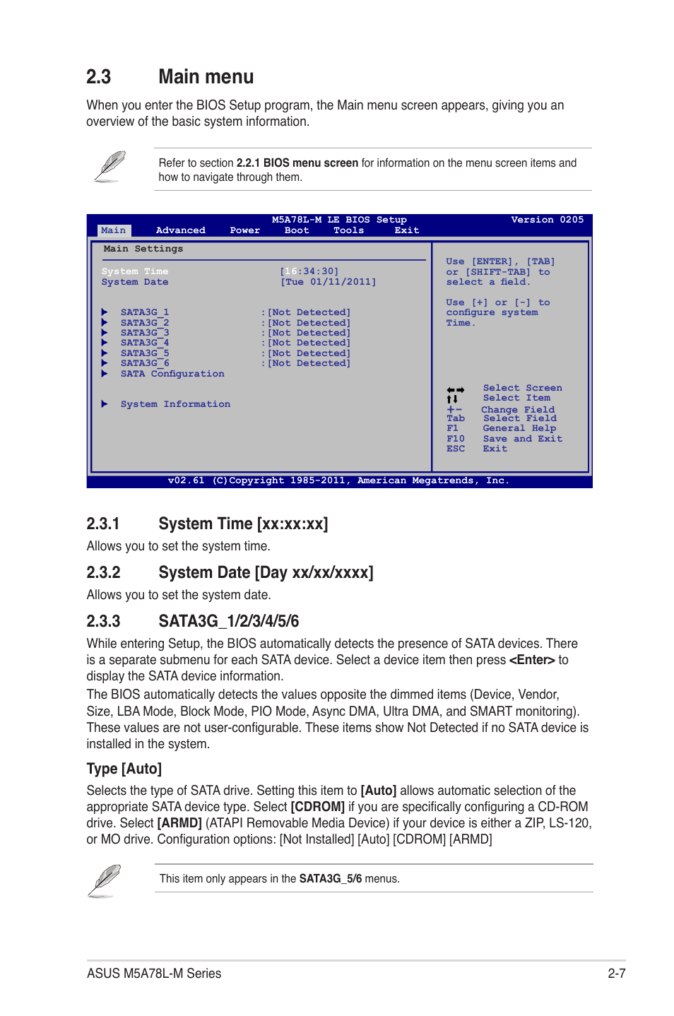 3 main menu, 1 system time [xx:xx:xx, 2 system date [day xx/xx/xxxx | 3 sata3g_1/2/3/4/5/6, Main menu -7 2.3.1, System time [xx:xx:xx] -7, System date [day xx/xx/xxxx] -7, Sata3g_1/2/3/4/5/6 -7, Type [auto | Asus M5A78L-M PLUS User Manual | Page 45 / 64