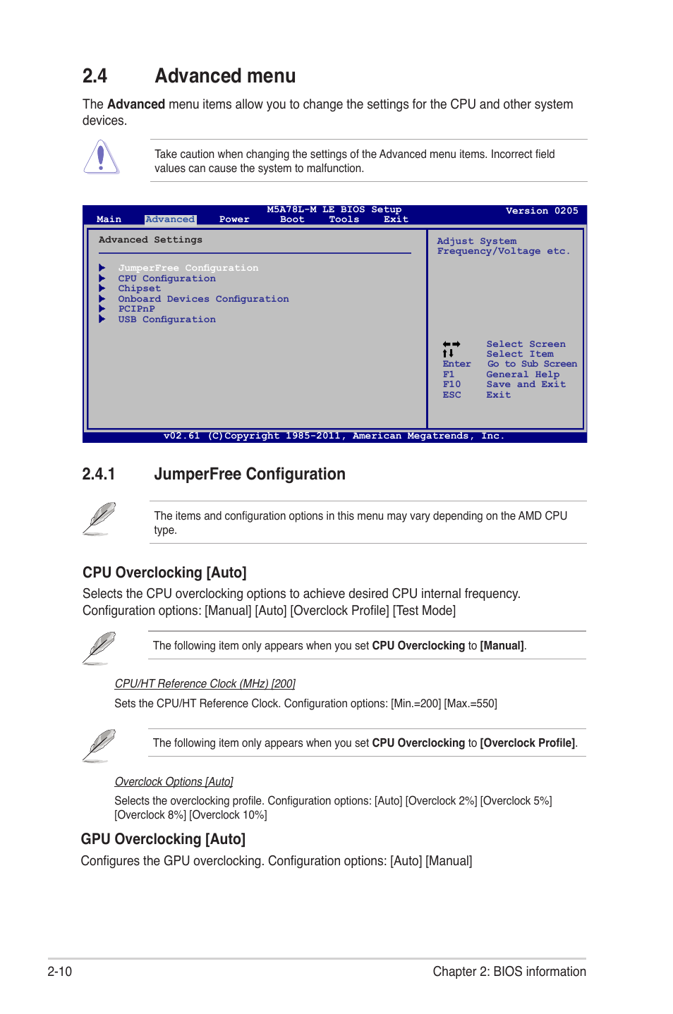 4 advanced menu, 1 jumperfree configuration, Advanced menu -10 2.4.1 | Jumperfree configuration -10, Cpu overclocking [auto, Gpu overclocking [auto | Asus M5A78L-M PLUS User Manual | Page 48 / 64