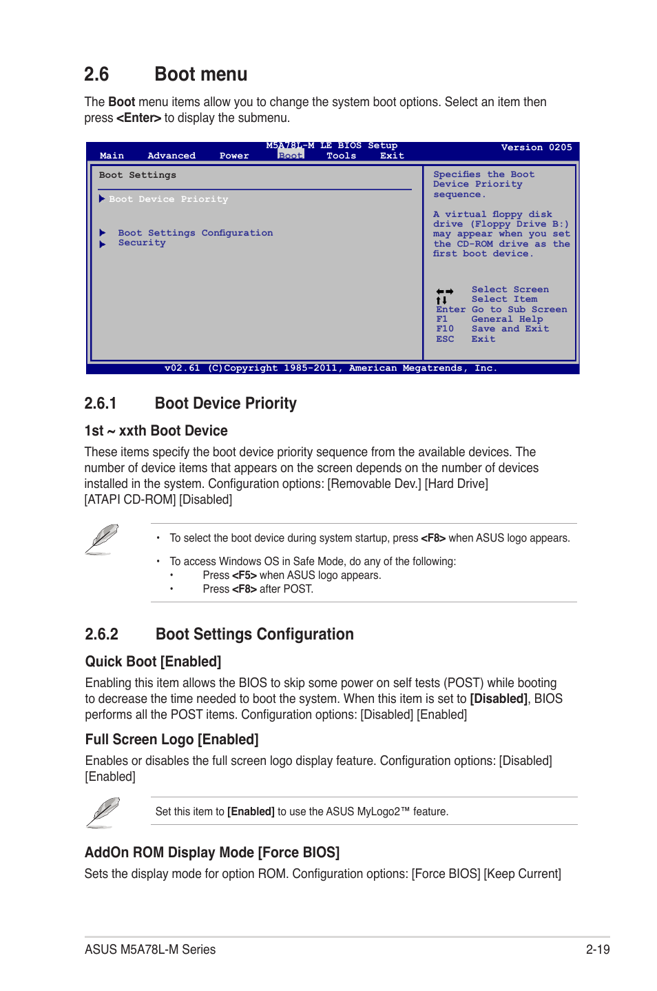 6 boot menu, 1 boot device priority, 2 boot settings configuration | Boot menu -19 2.6.1, Boot device priority -19, Boot settings configuration -19, 1st ~ xxth boot device, Quick boot [enabled, Full screen logo [enabled, Addon rom display mode [force bios | Asus M5A78L-M PLUS User Manual | Page 57 / 64