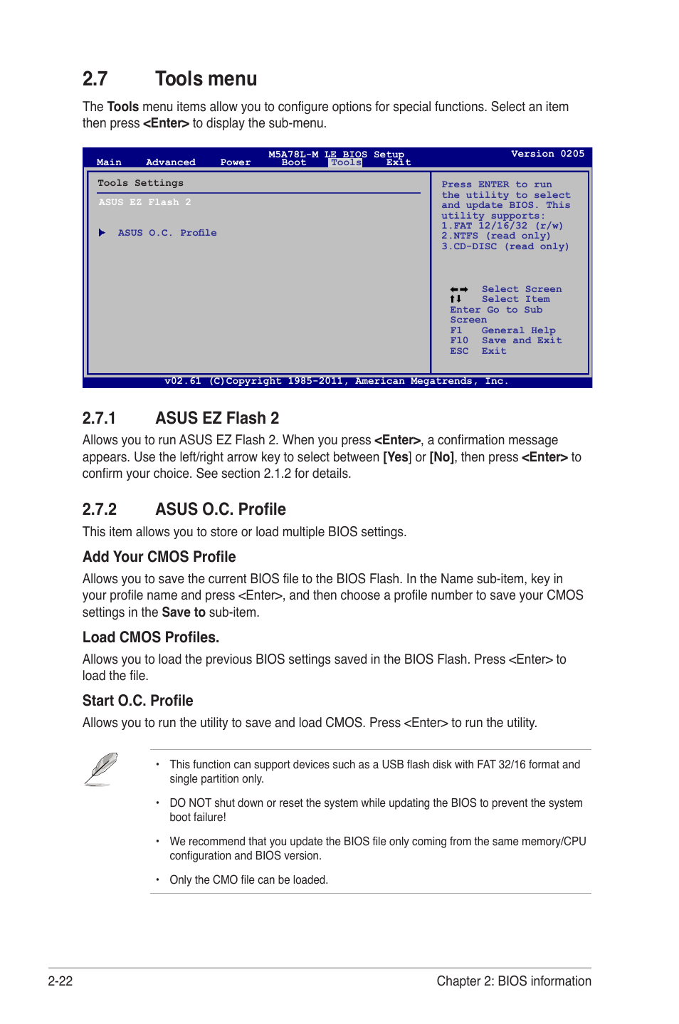 7 tools menu, 1 asus ez flash 2, 2 asus o.c. profile | Tools menu -22 2.7.1, Asus ez flash 2 -22, Asus o.c. profile -22, Add your cmos profile, Load cmos profiles, Start o.c. profile | Asus M5A78L-M PLUS User Manual | Page 60 / 64