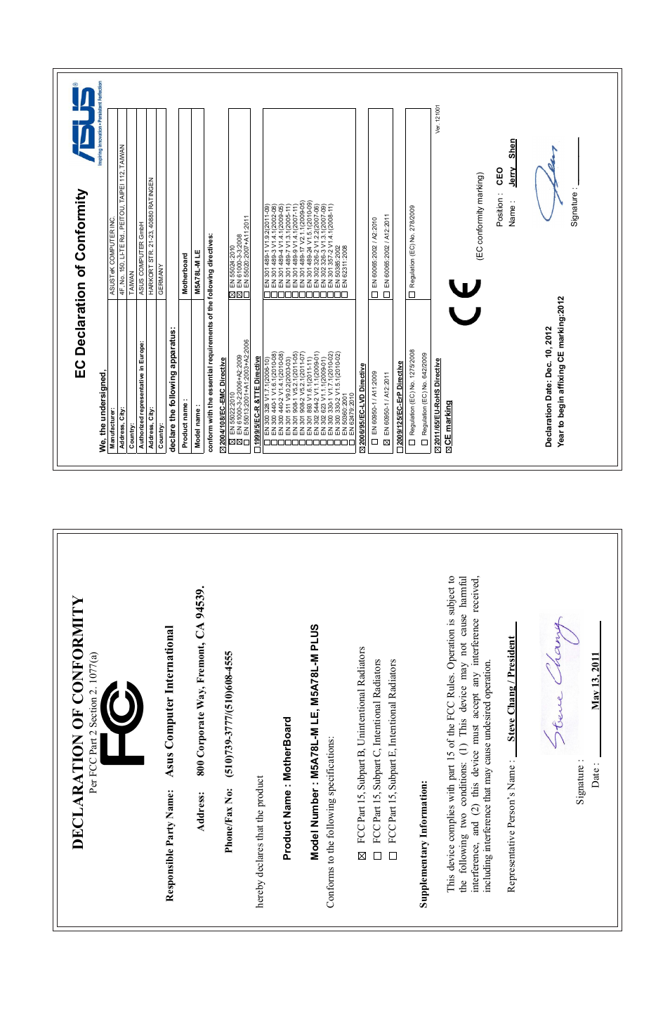 Declaration of conformity, Ec declaration of conformity, Asu s c om pu te r in te rn at io na l | Address: 800 corporate way, fremont | Asus M5A78L-M PLUS User Manual | Page 64 / 64